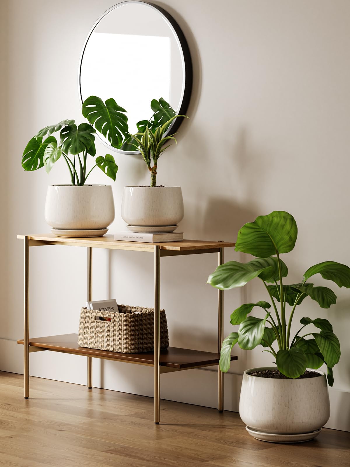 LE TAUCI planter beside chair showing 10" and 12" scale for accurate size comparison