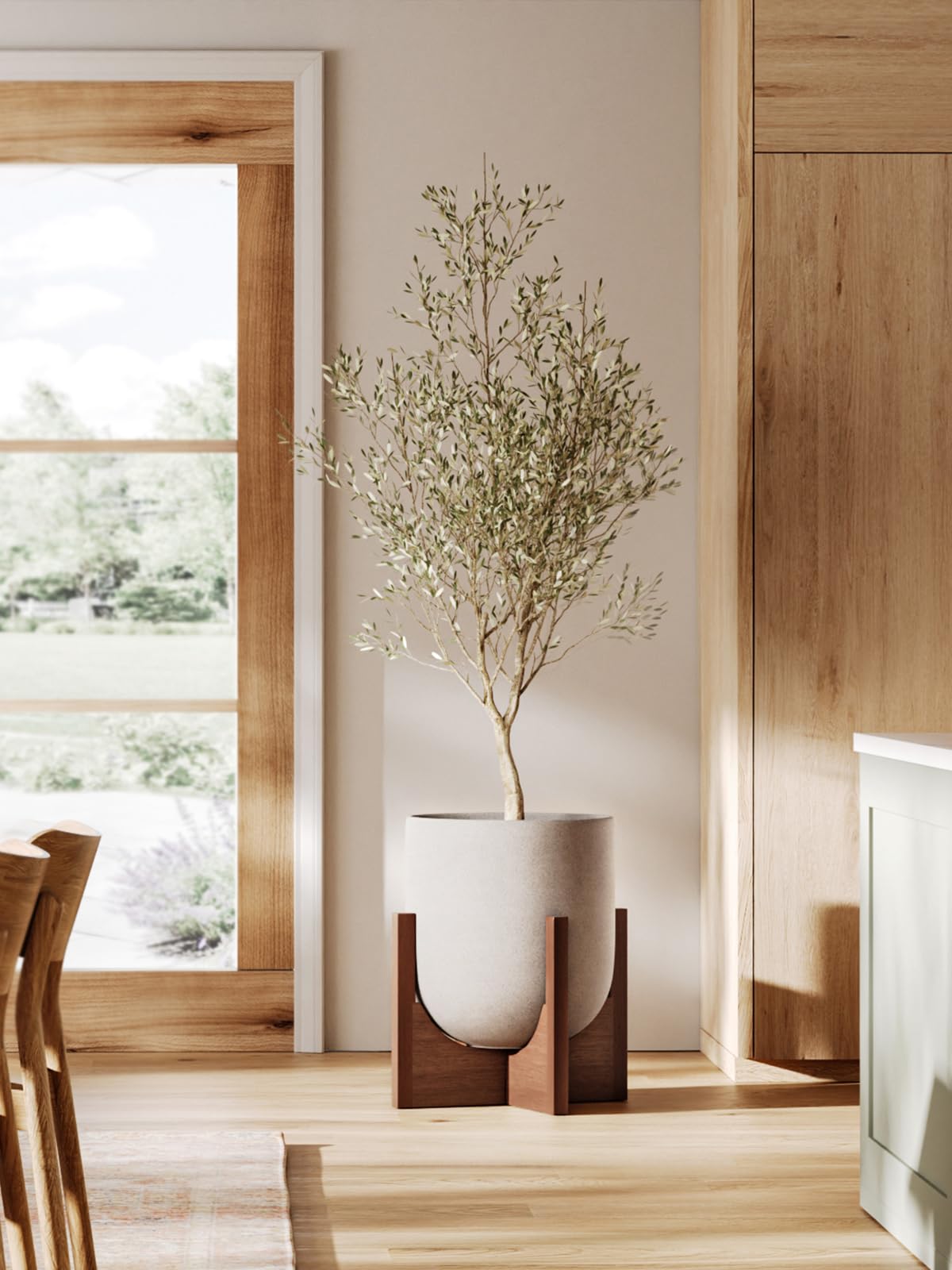 LE TAUCI detail of acacia wood stand assembly showing tool-free joints and stable support benefit