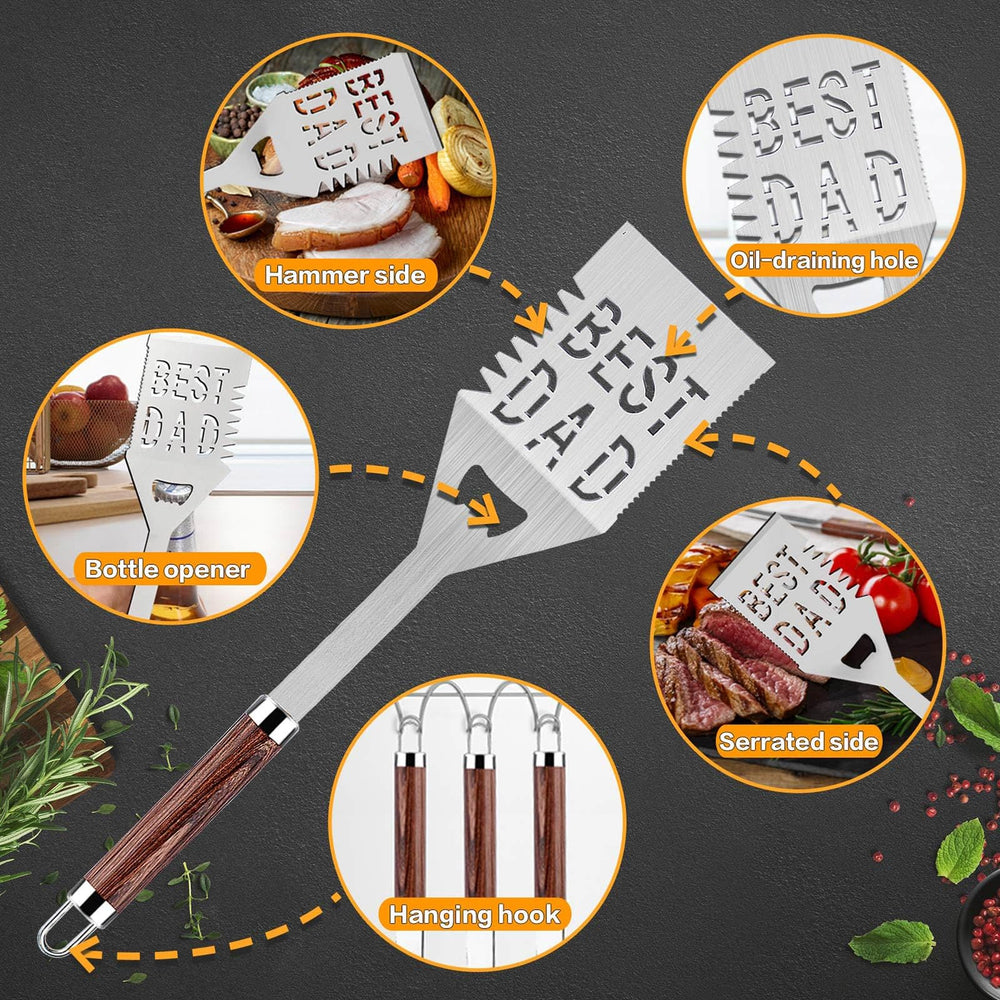 LeadEdge 4-in-1 spatula close-up highlighting serrated edge and oil-draining slots for precise grilling