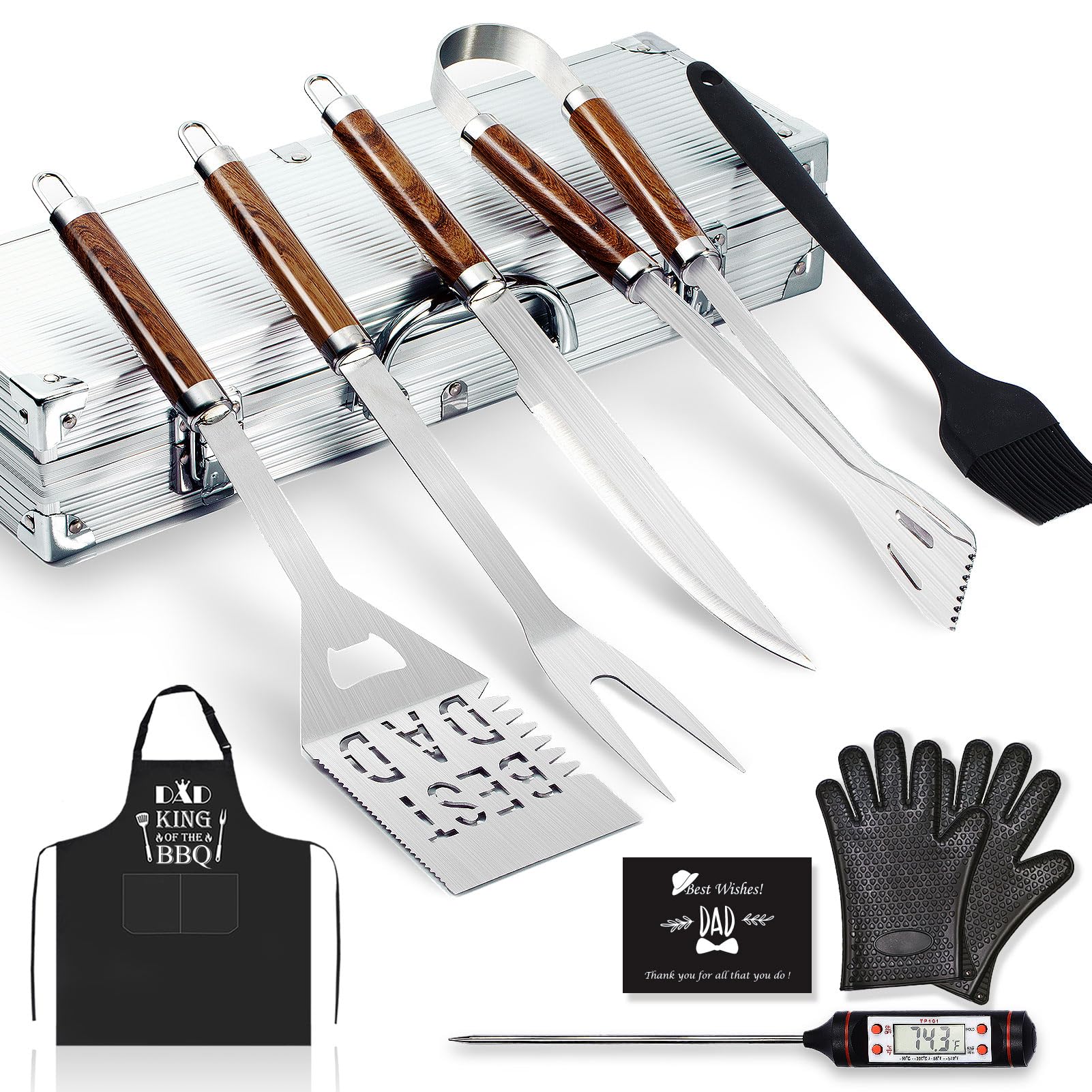 LeadEdge front view showing aluminum case and all 11 grill tools, gift-ready presentation