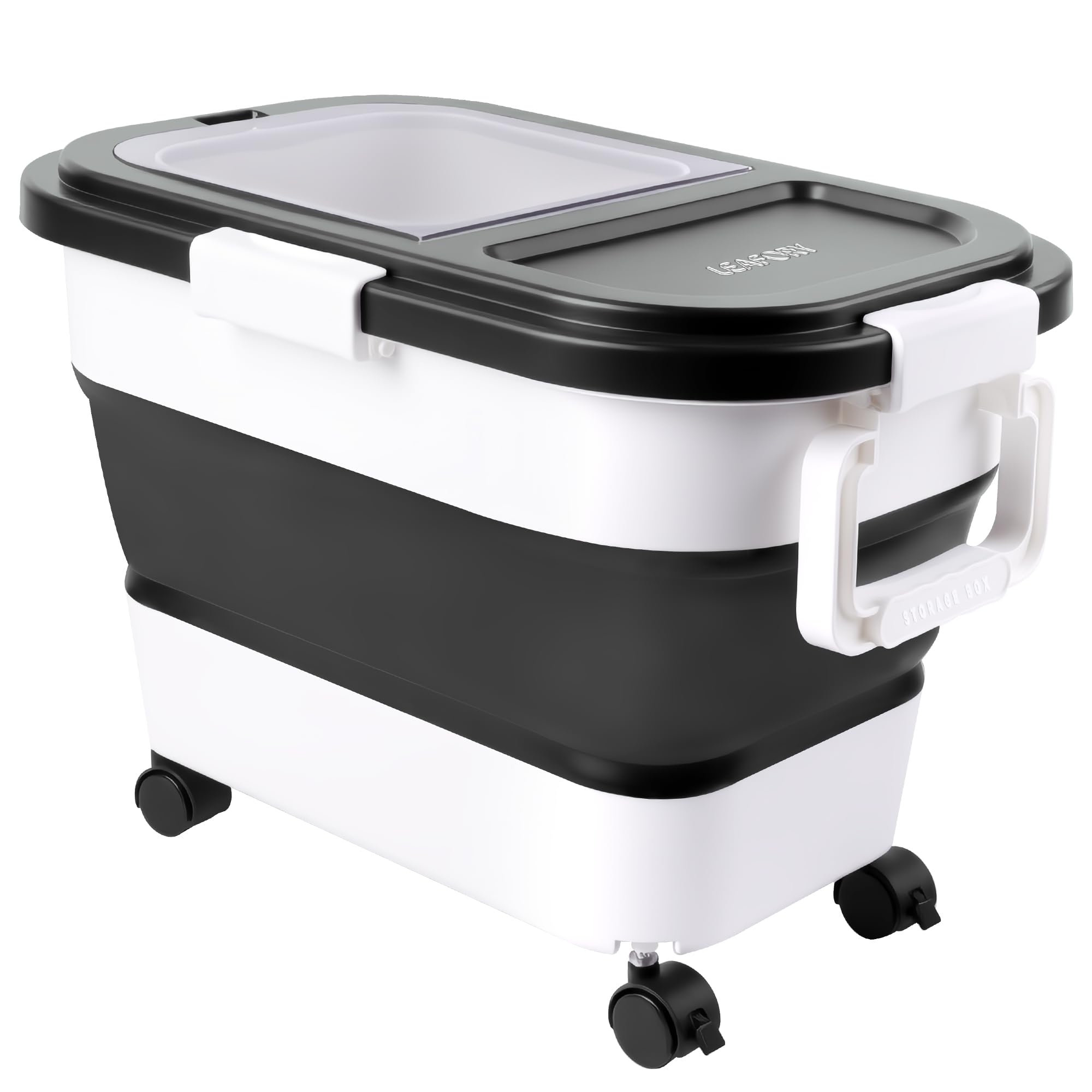 Leafory front view of wheeled pellet bin showing accessibility and organization