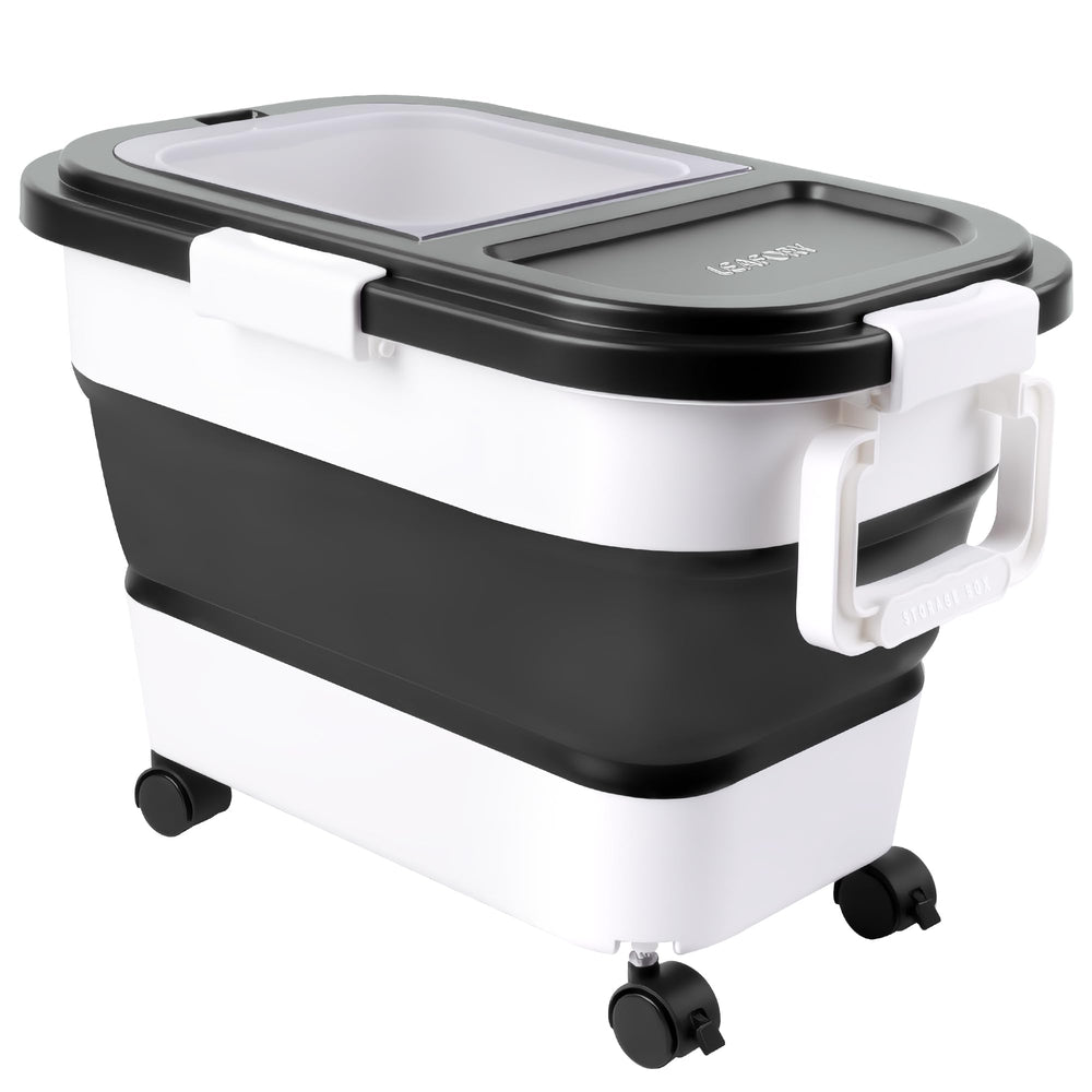 Leafory front view of wheeled pellet bin showing accessibility and organization