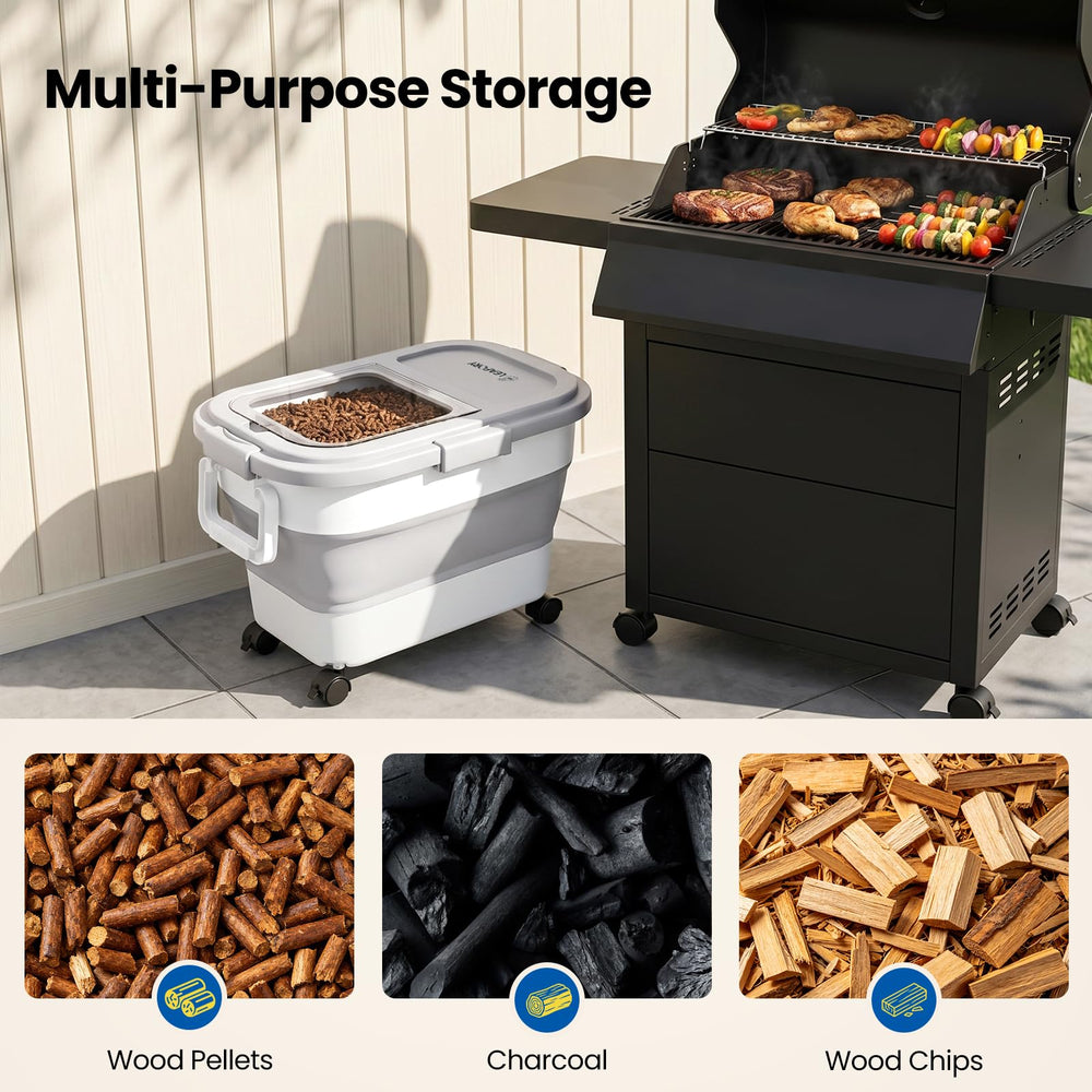 Leafory container beside grill in use for convenient pellet access while cooking