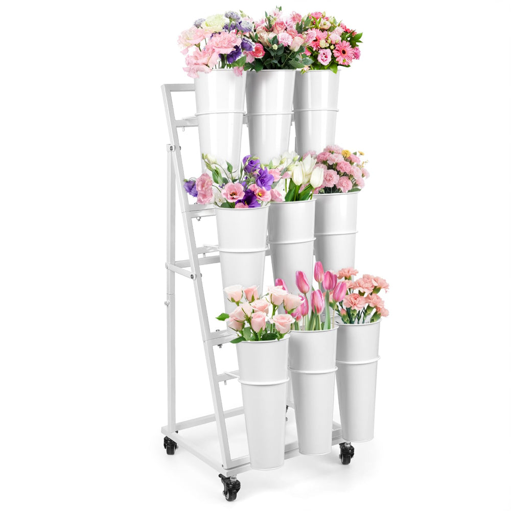 LEALIBAUSS front view of three-tier stand showing neat nine-bucket display for retail benefit