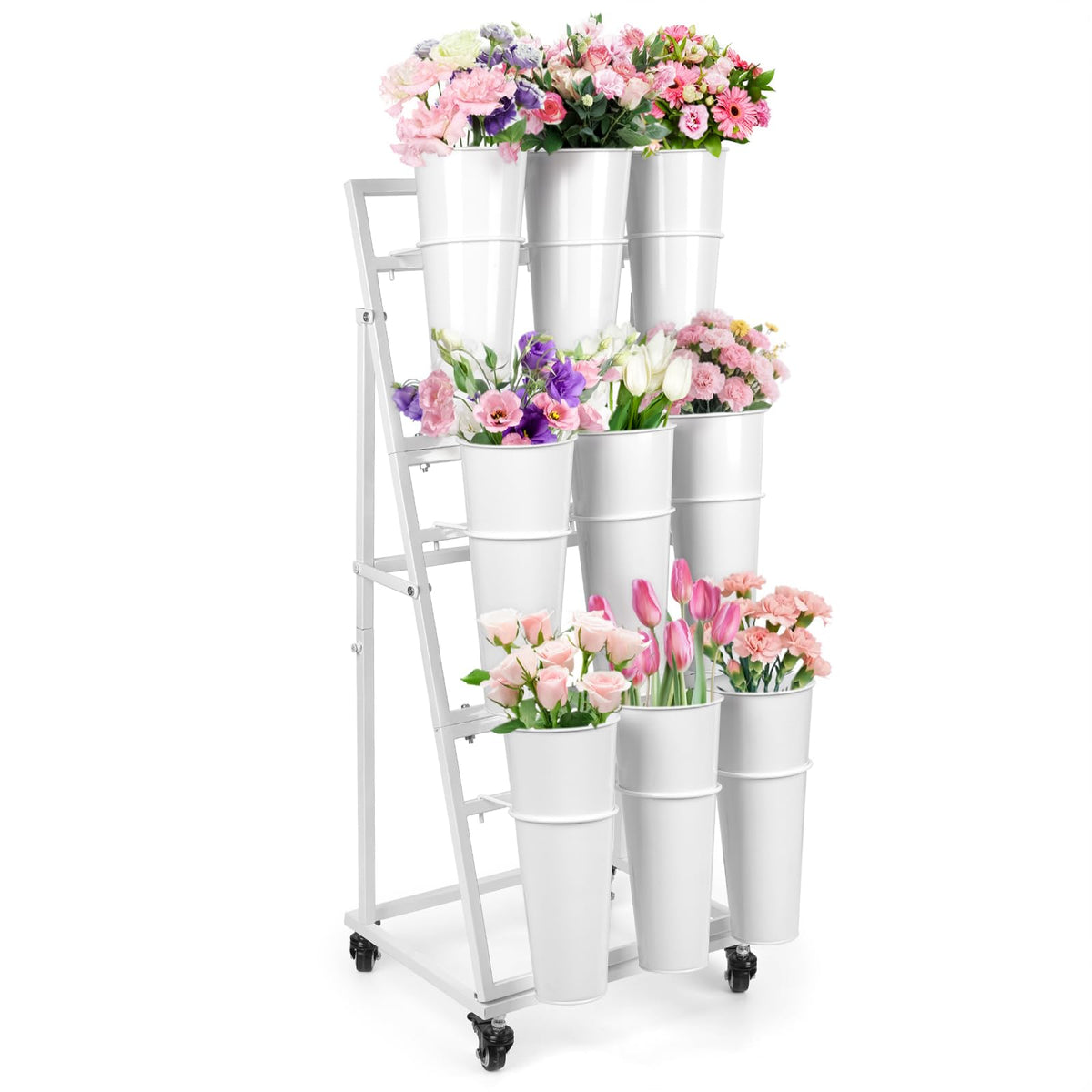 LEALIBAUSS front view of three-tier stand showing neat nine-bucket display for retail benefit