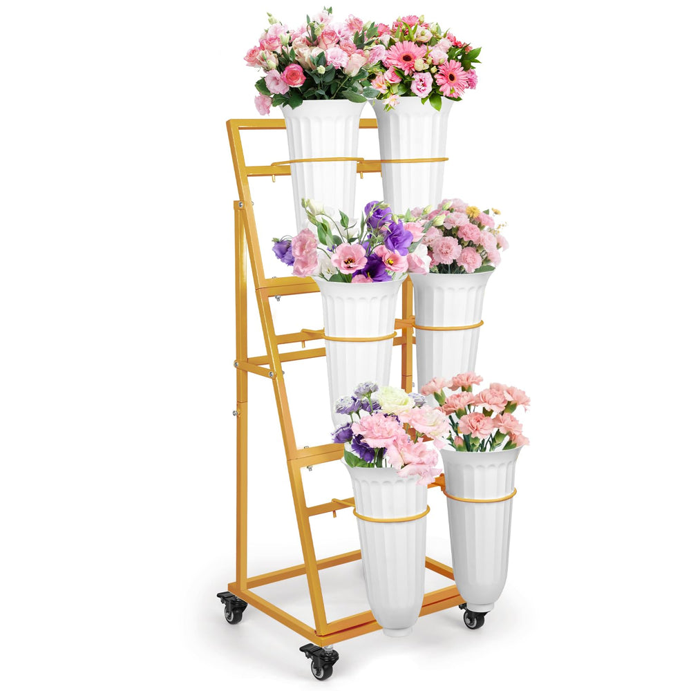 LEALIBAUSS front view of gold three-tier flower stand showing six buckets and tidy display benefit
