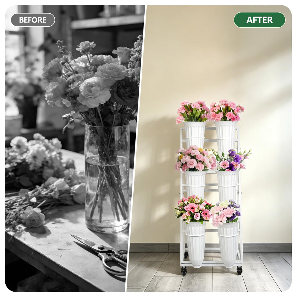 LEALIBAUSS six buckets filled with blooms showing versatile arrangement options and color contrast