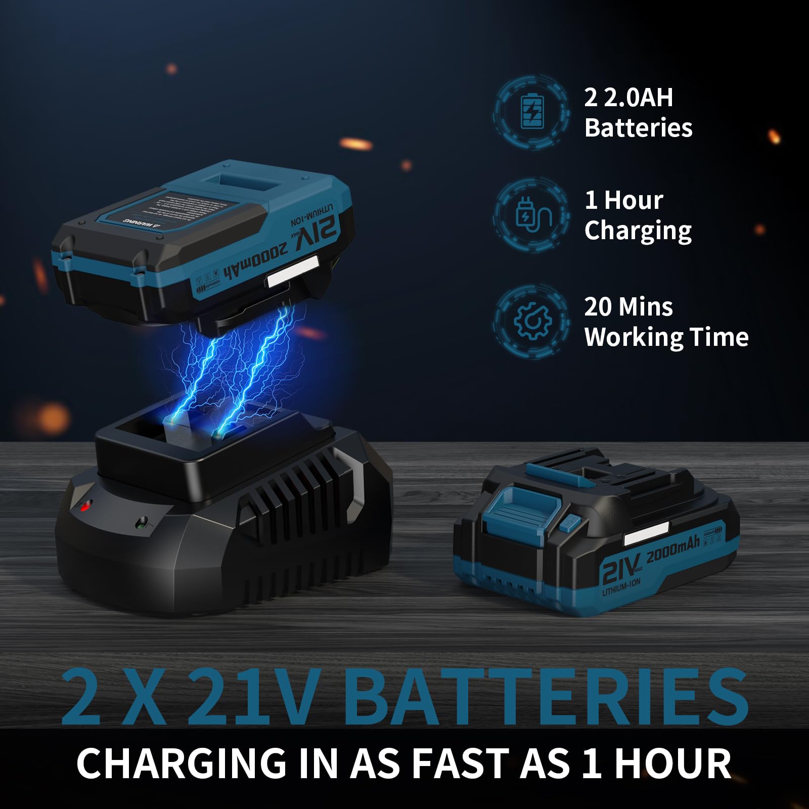 LEAPUL two 21V batteries with fast charger indicating quick recharge benefit