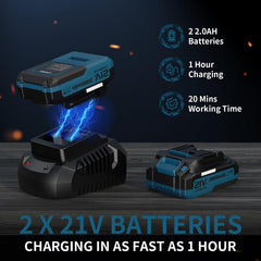 LEAPUL two 21V batteries with fast charger indicating quick recharge benefit