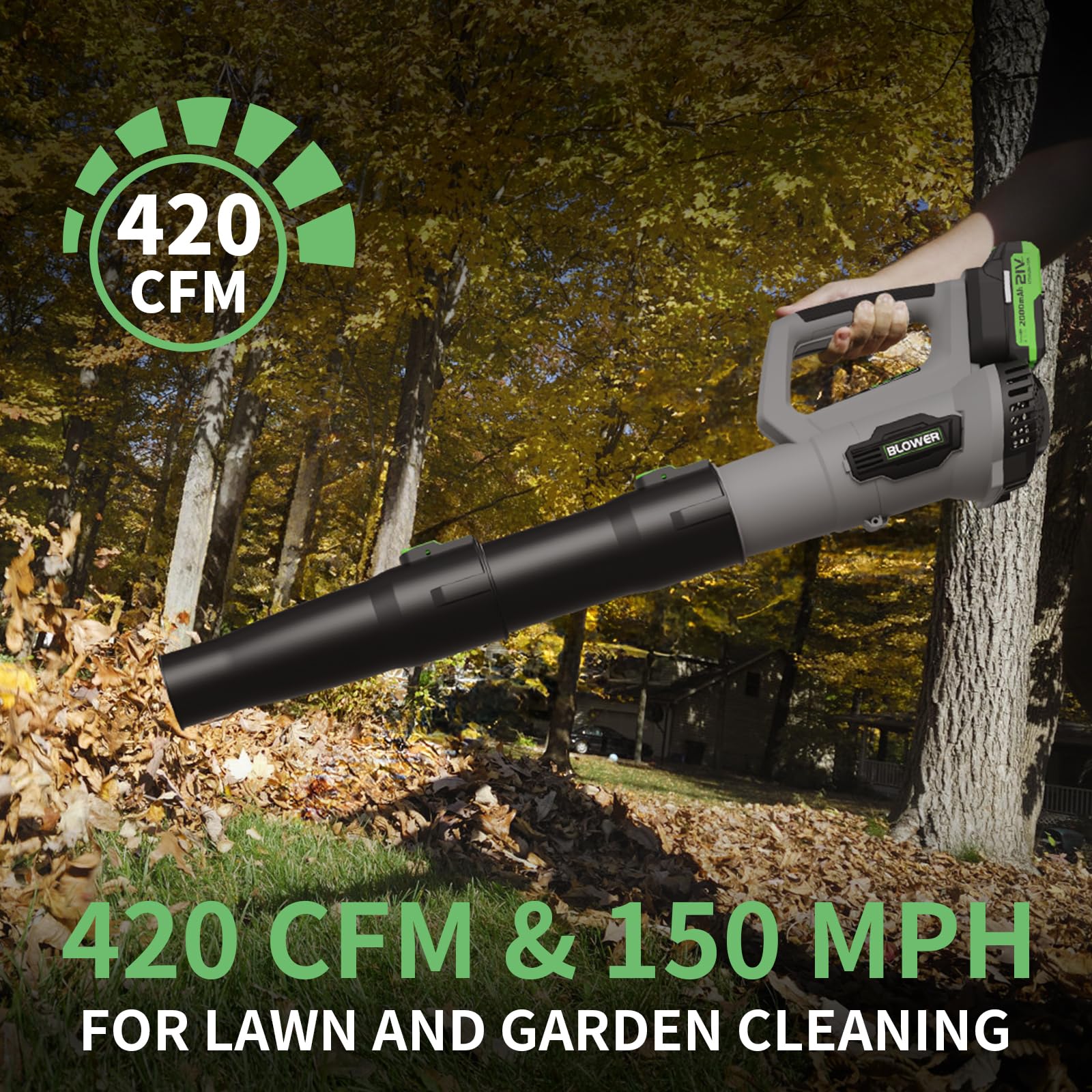 LEAPUL blower in use on yard clearing leaves quickly and reducing cleanup time