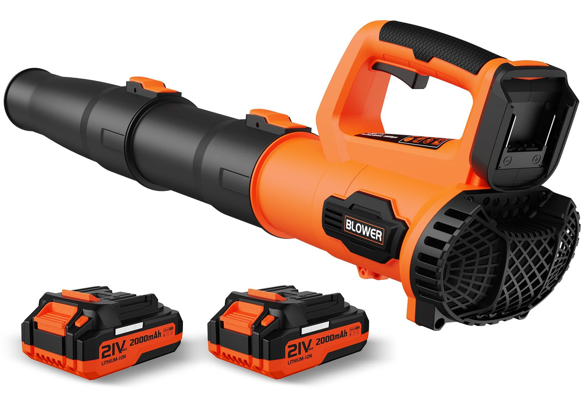 LEAPUL front view of orange cordless blower showing compact design and portability