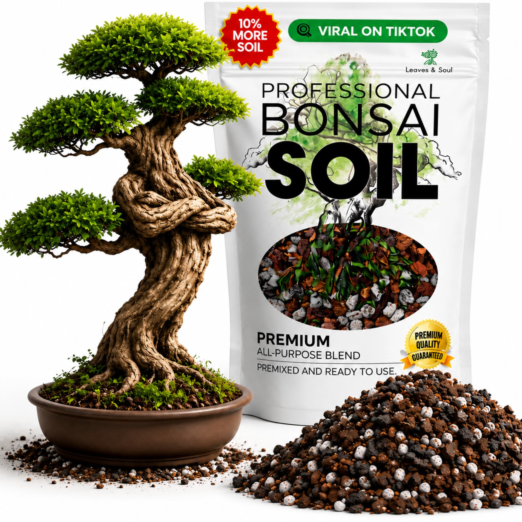 Leaves and Soul front of bag showing product and fast draining benefit