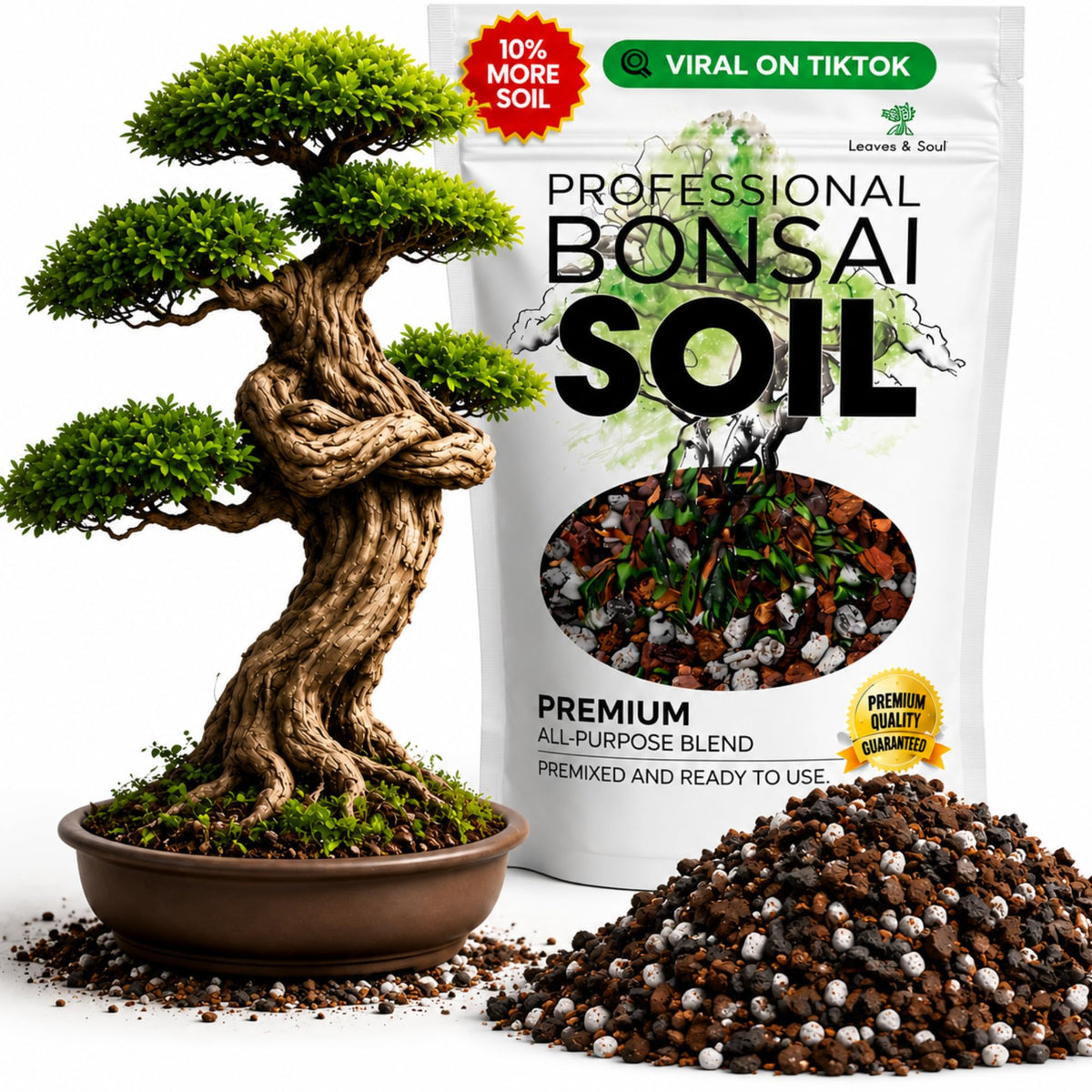 Leaves and Soul front of bag showing product and fast draining benefit