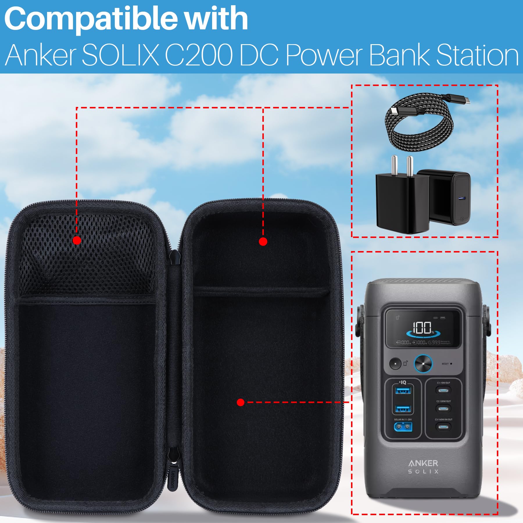 Lebakort open with Anker SOLIX C200 inside showing secure fit and protection