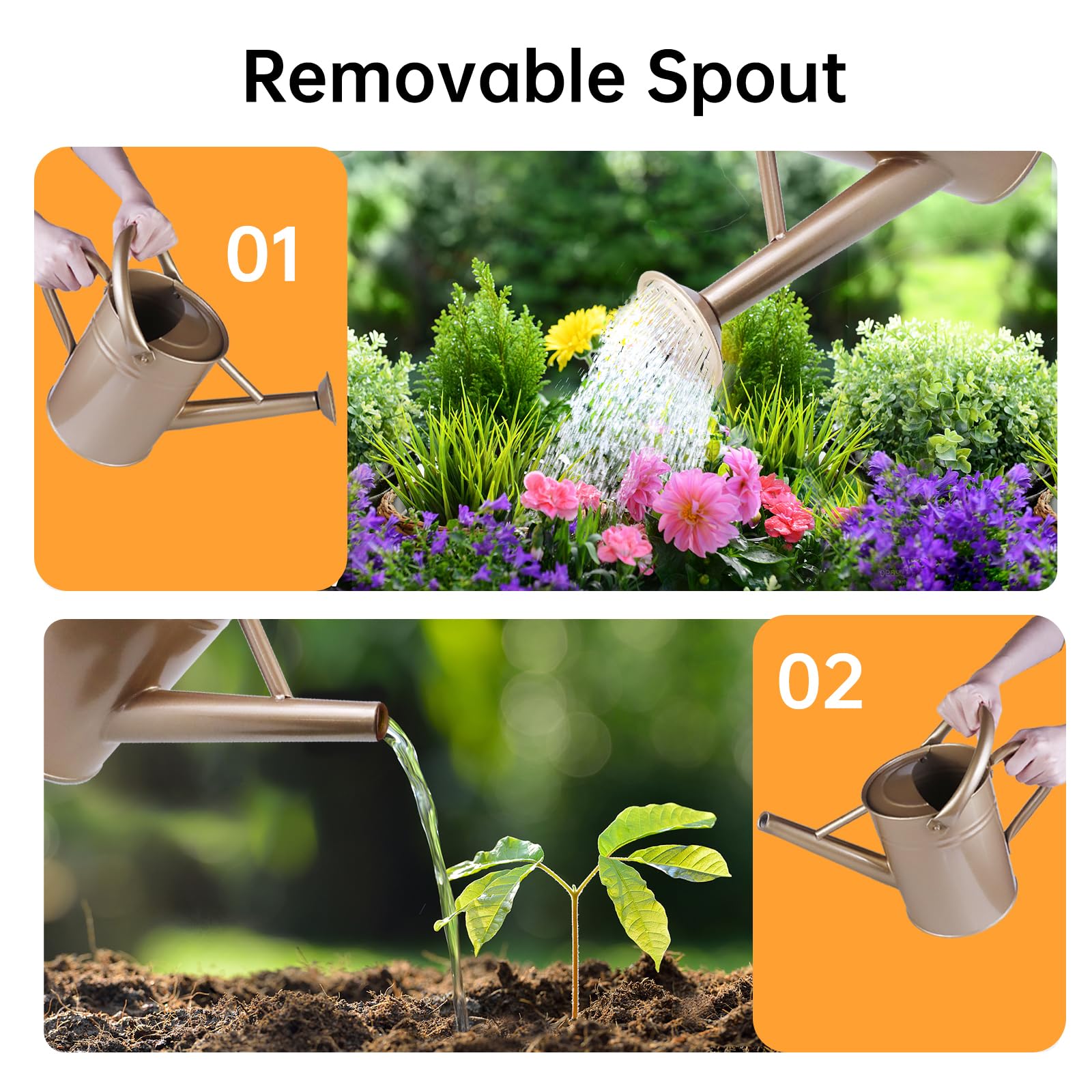 Lechloris in use watering hanging basket demonstrating long-spout reach benefit