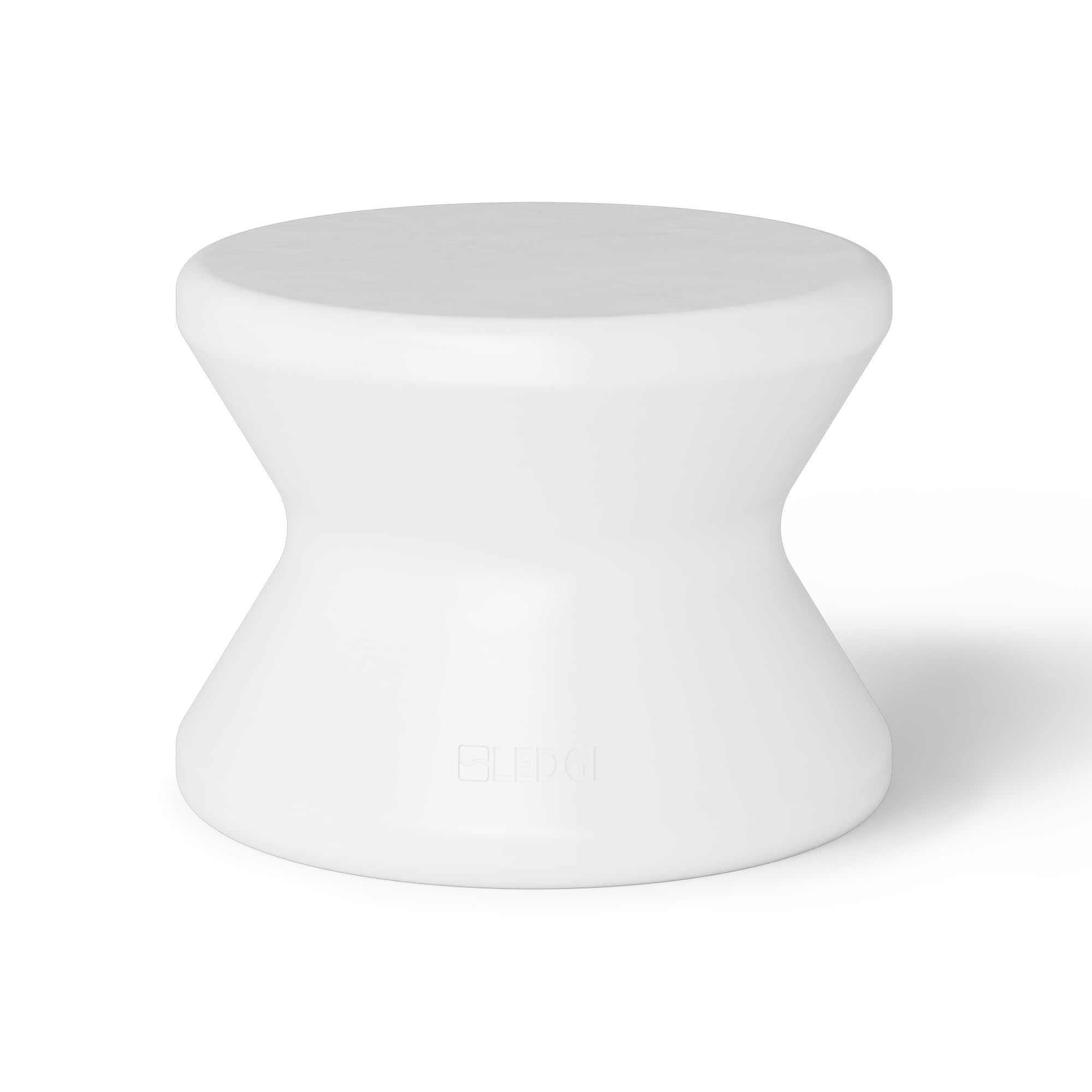 Ledge Lounger front view showing white table on flat surface, highlights stability