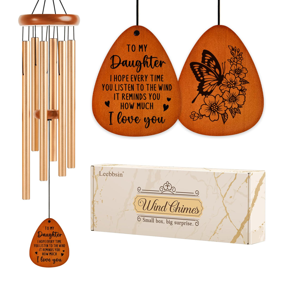 Leebbsin front display showing golden tubes and wooden sail for heartfelt gifting