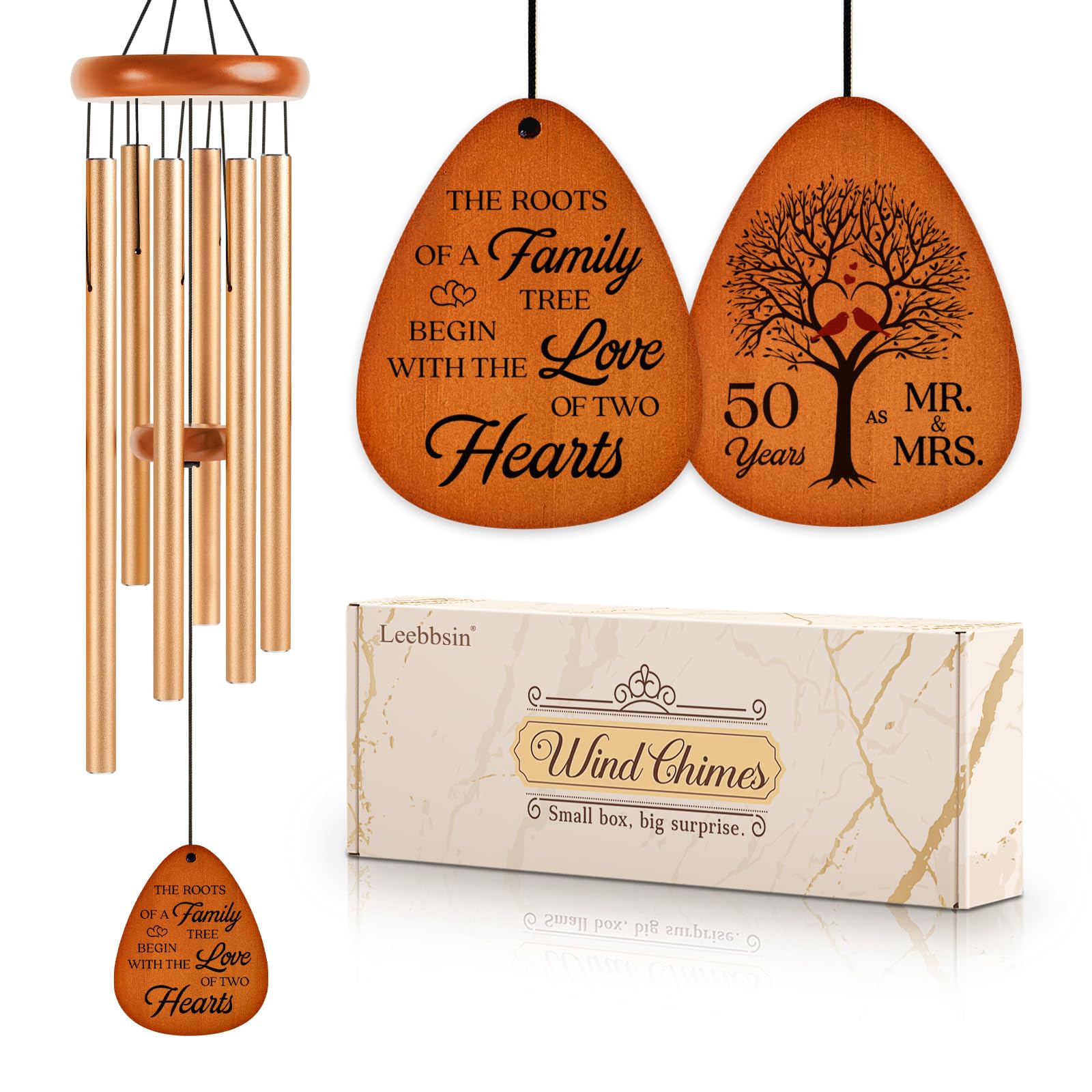 Leebbsin front view of golden 36-inch wind chime showing elegant overall design and gift-ready look