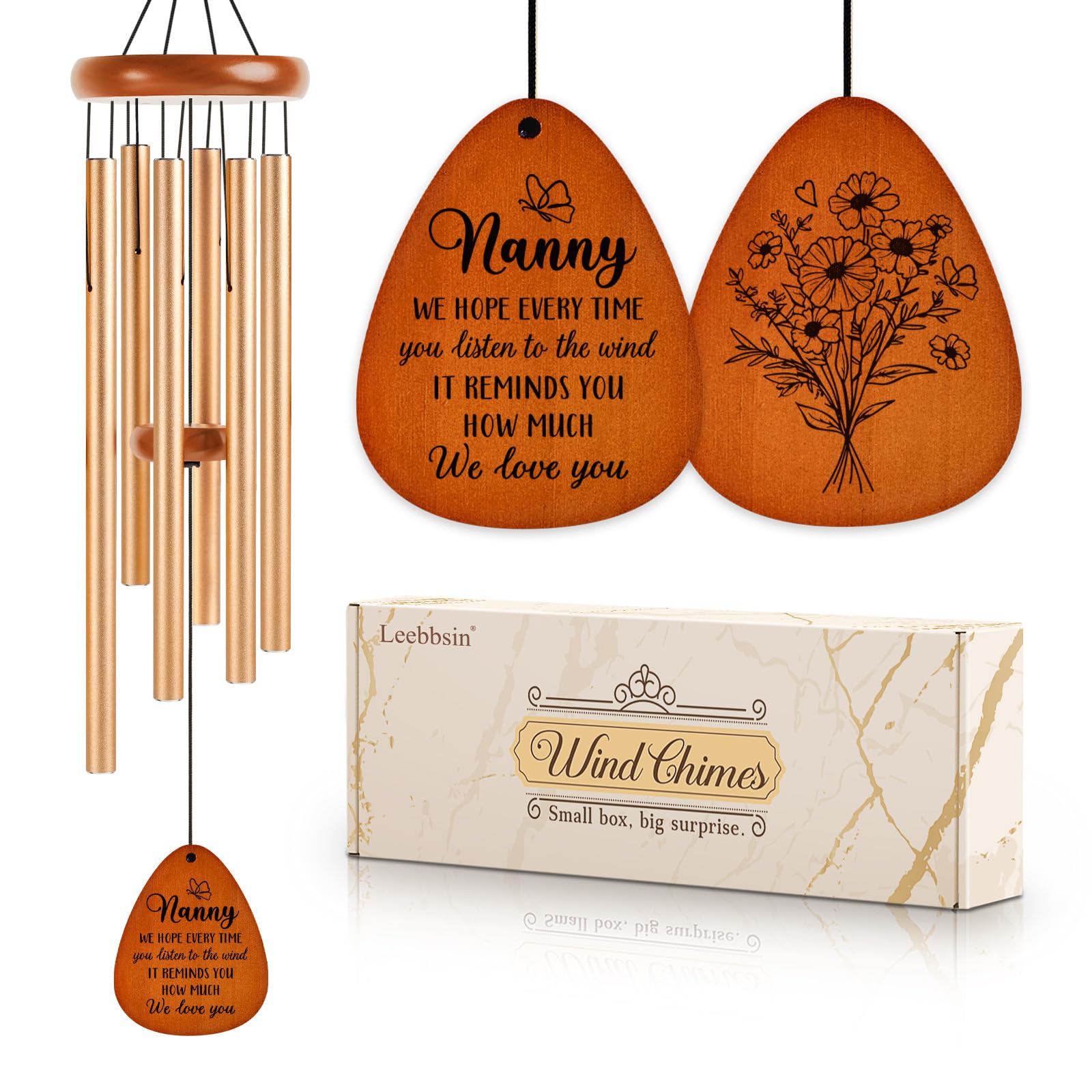 Leebbsin front view showing full 36 inch wind chime and packaging, perfect gift