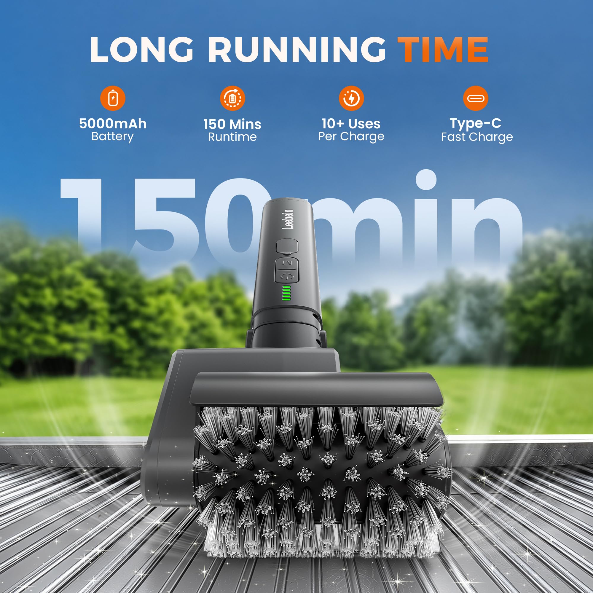 Leebein close-up of rotary brush head highlighting durable stainless steel mesh