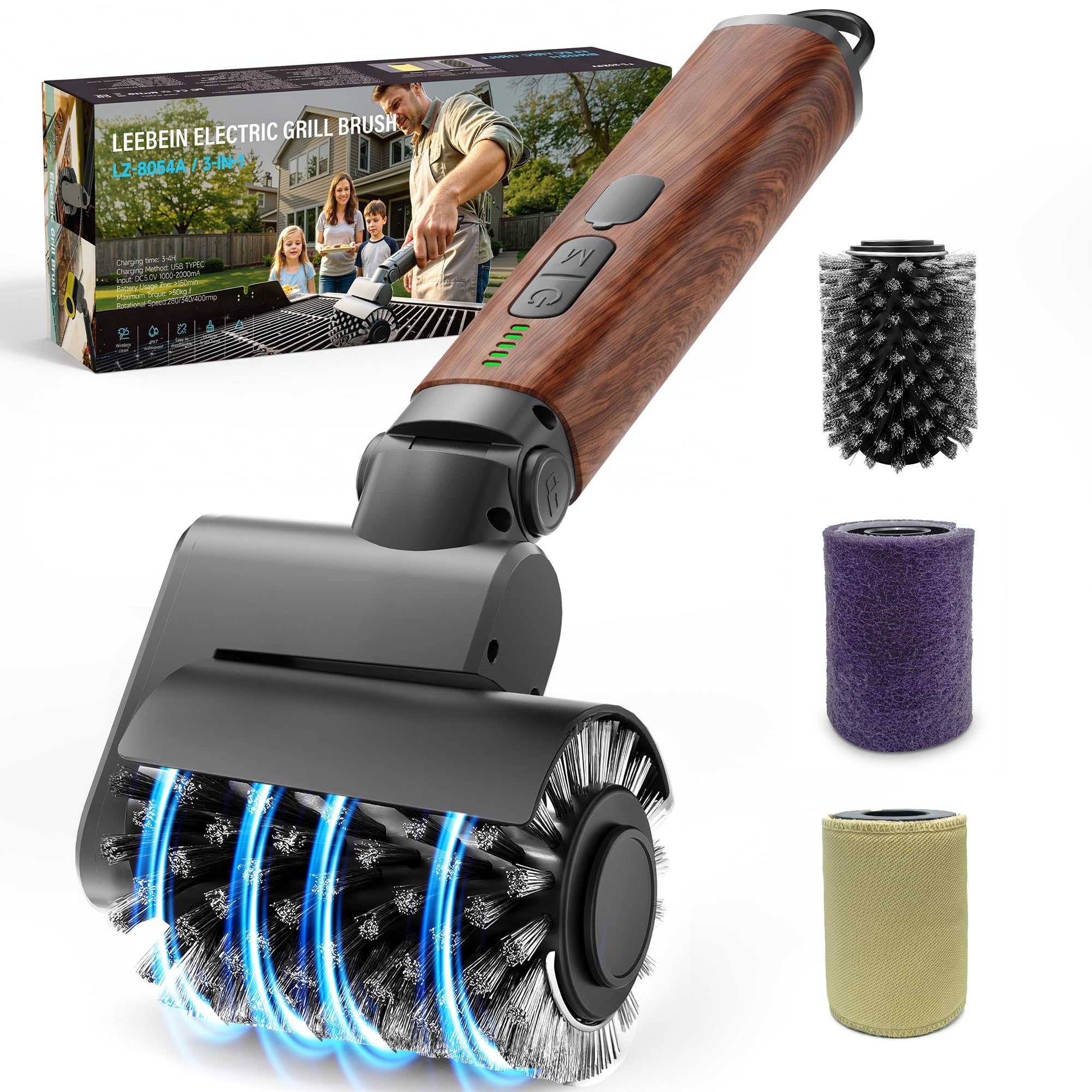 Leebein front view of cordless electric grill brush showing compact design and quick cleaning benefit