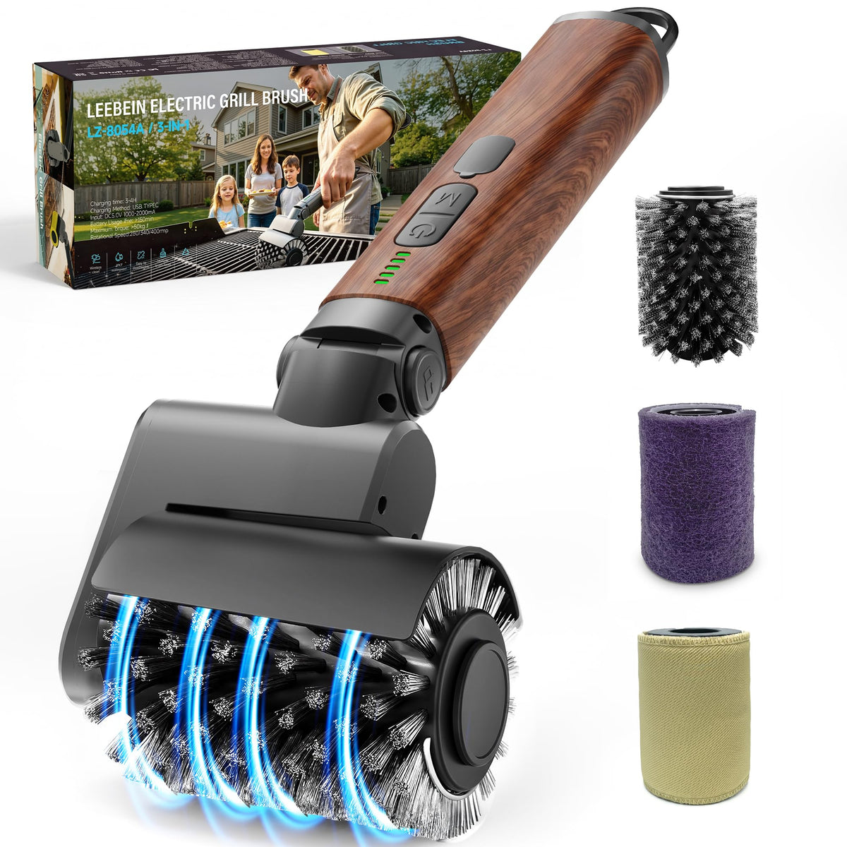 Leebein front view of cordless electric grill brush showing compact design and quick cleaning benefit