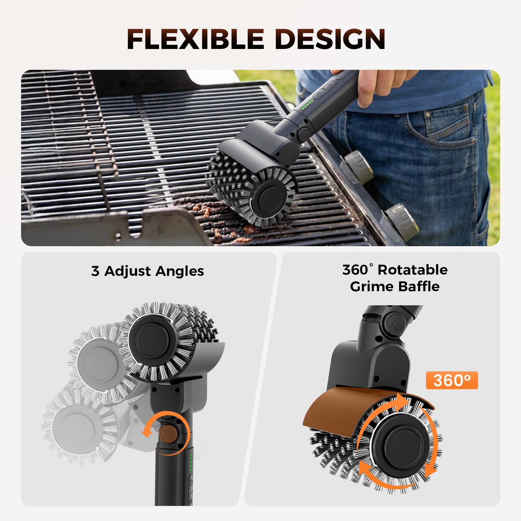 Leebein brush in use on grill grates demonstrating fast, hands-free cleaning