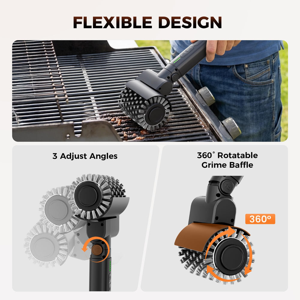 Leebein brush in use on grill grates demonstrating fast, hands-free cleaning
