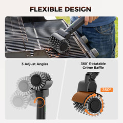 Leebein brush in use on grill grates demonstrating fast, hands-free cleaning