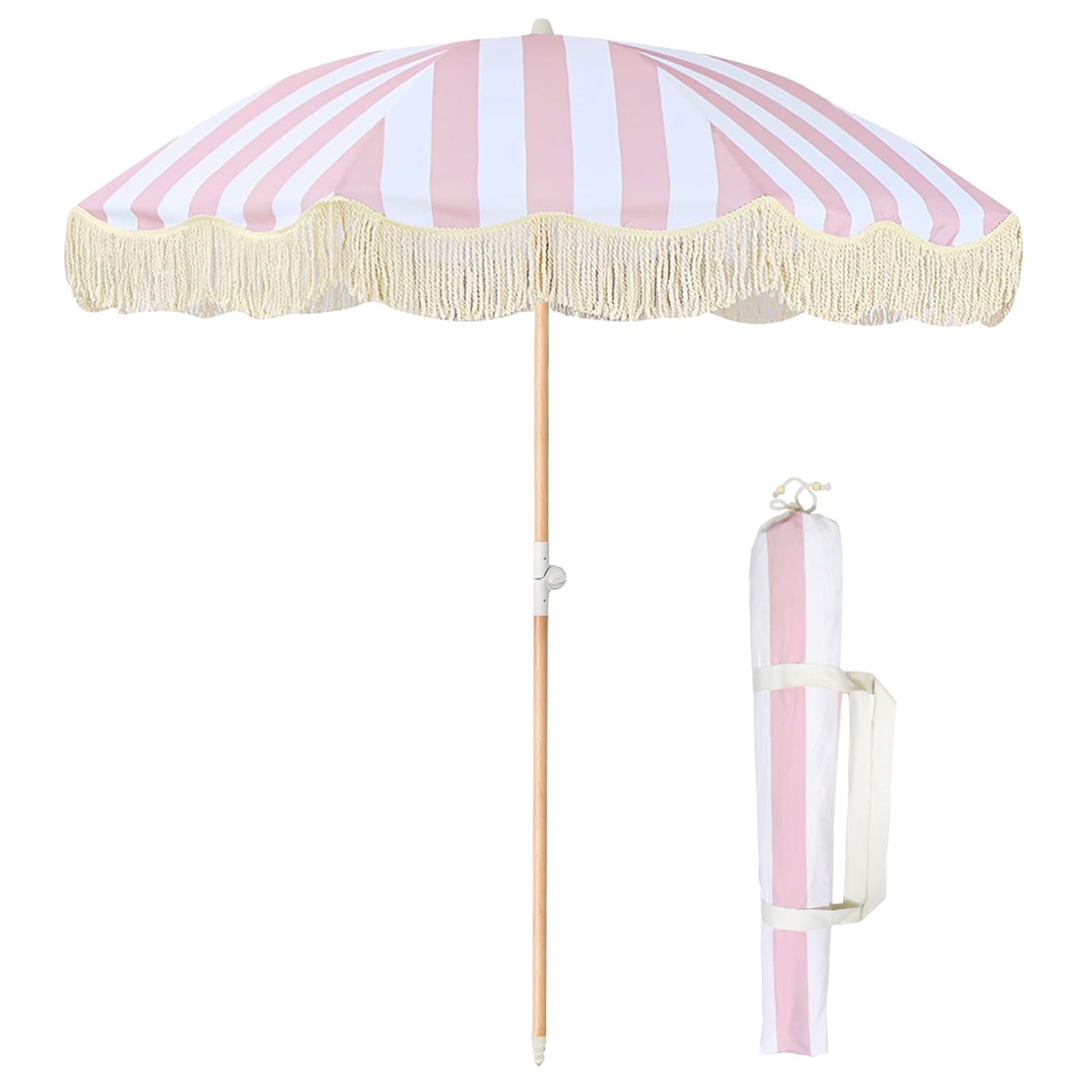 lefedrasticity front view pink stripe umbrella, shows full canopy and shade benefit