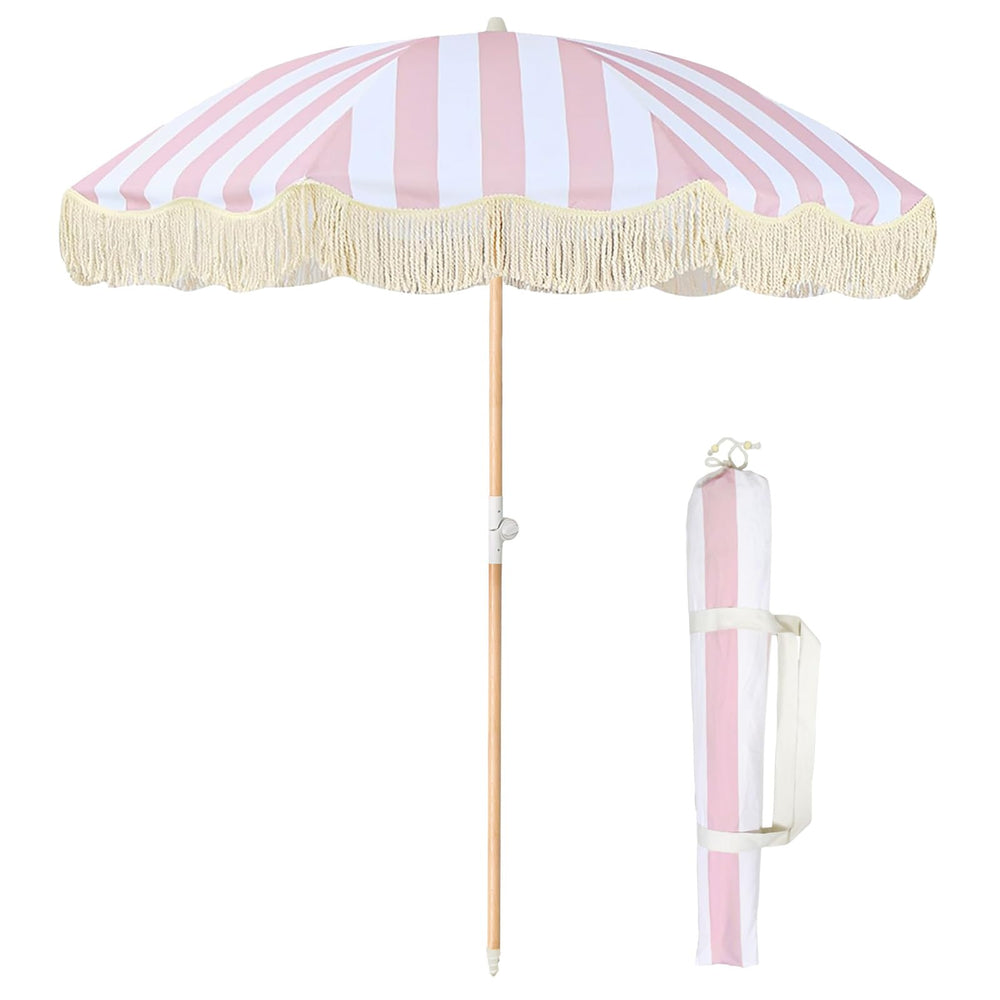 lefedrasticity front view pink stripe umbrella, shows full canopy and shade benefit