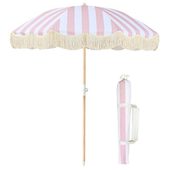 lefedrasticity front view pink stripe umbrella, shows full canopy and shade benefit