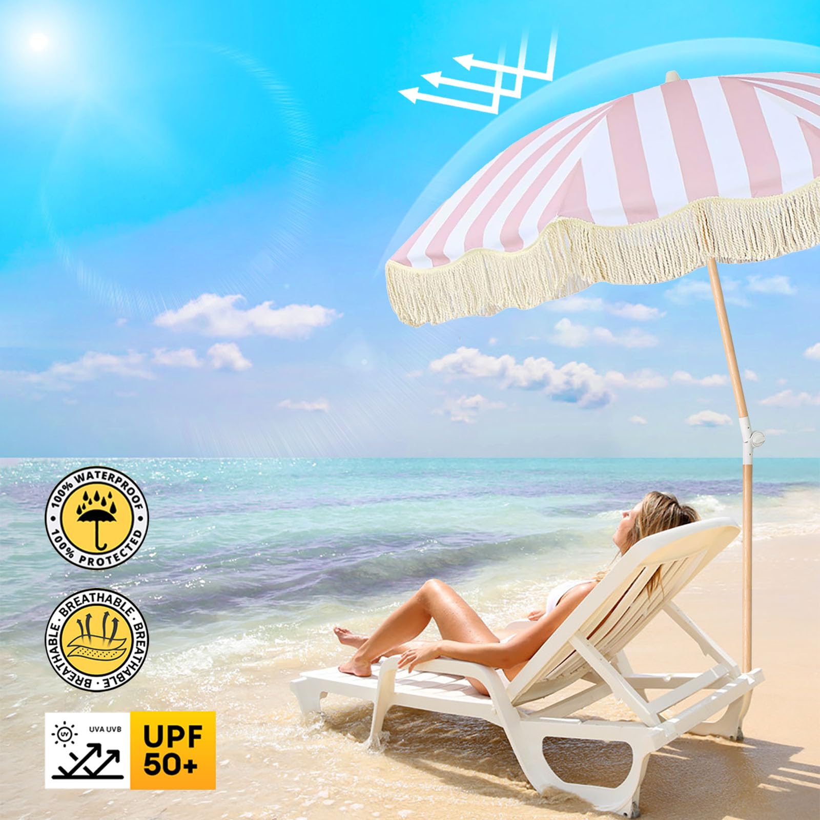 lefedrasticity umbrella in use on beach, portable shade for seaside comfort