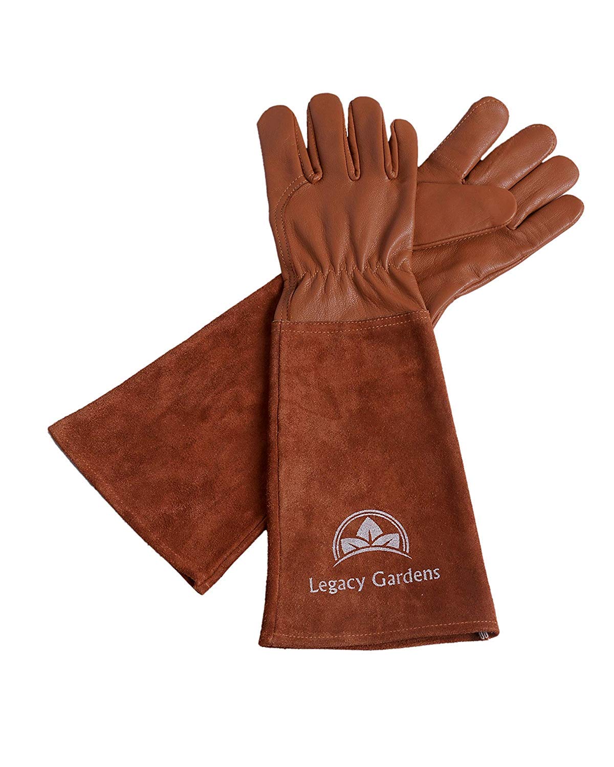 Legacy Gardens front view of brown goatskin gauntlet gloves showing full coverage and style
