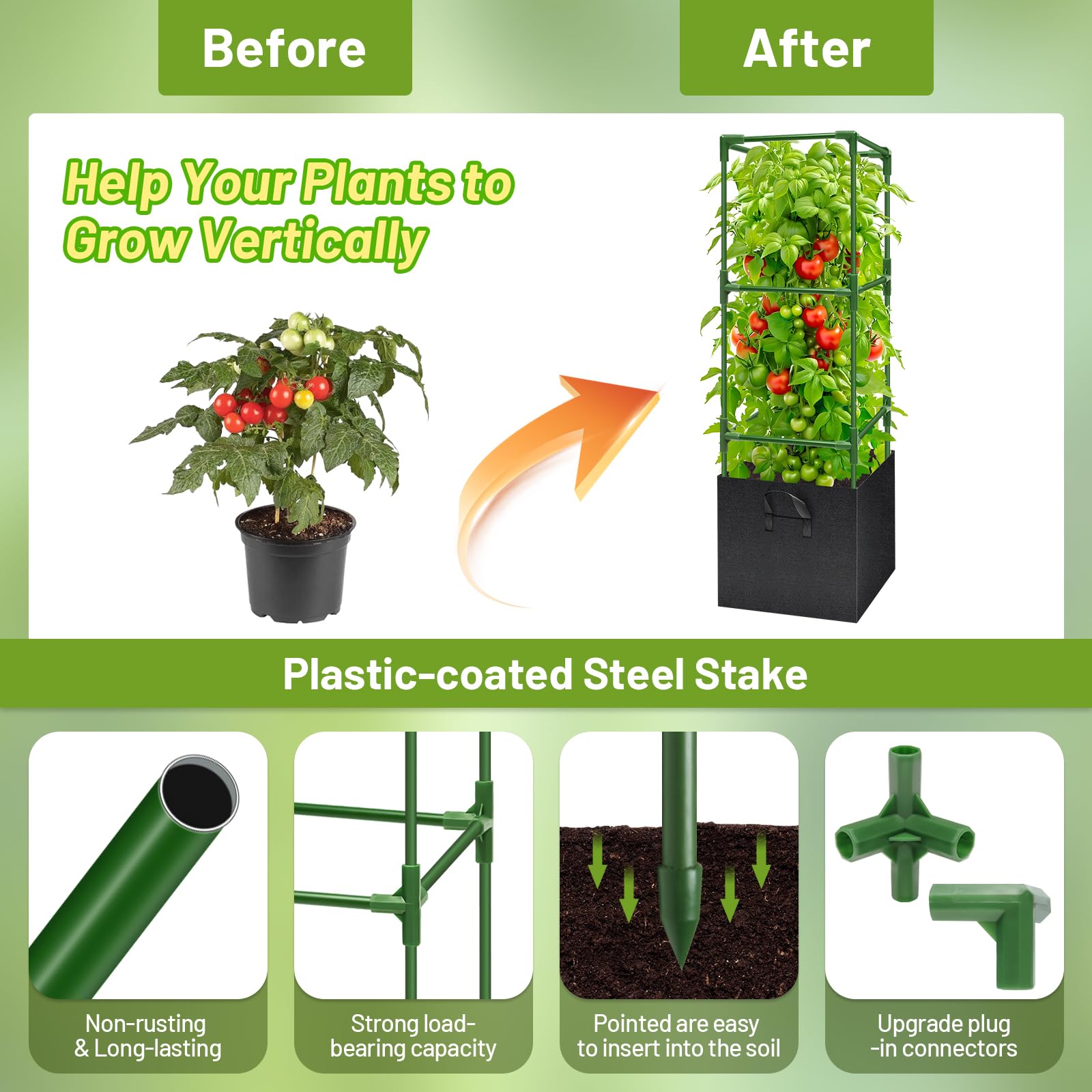 Legigo cage in use with a tomato plant demonstrating vertical support and easier harvesting