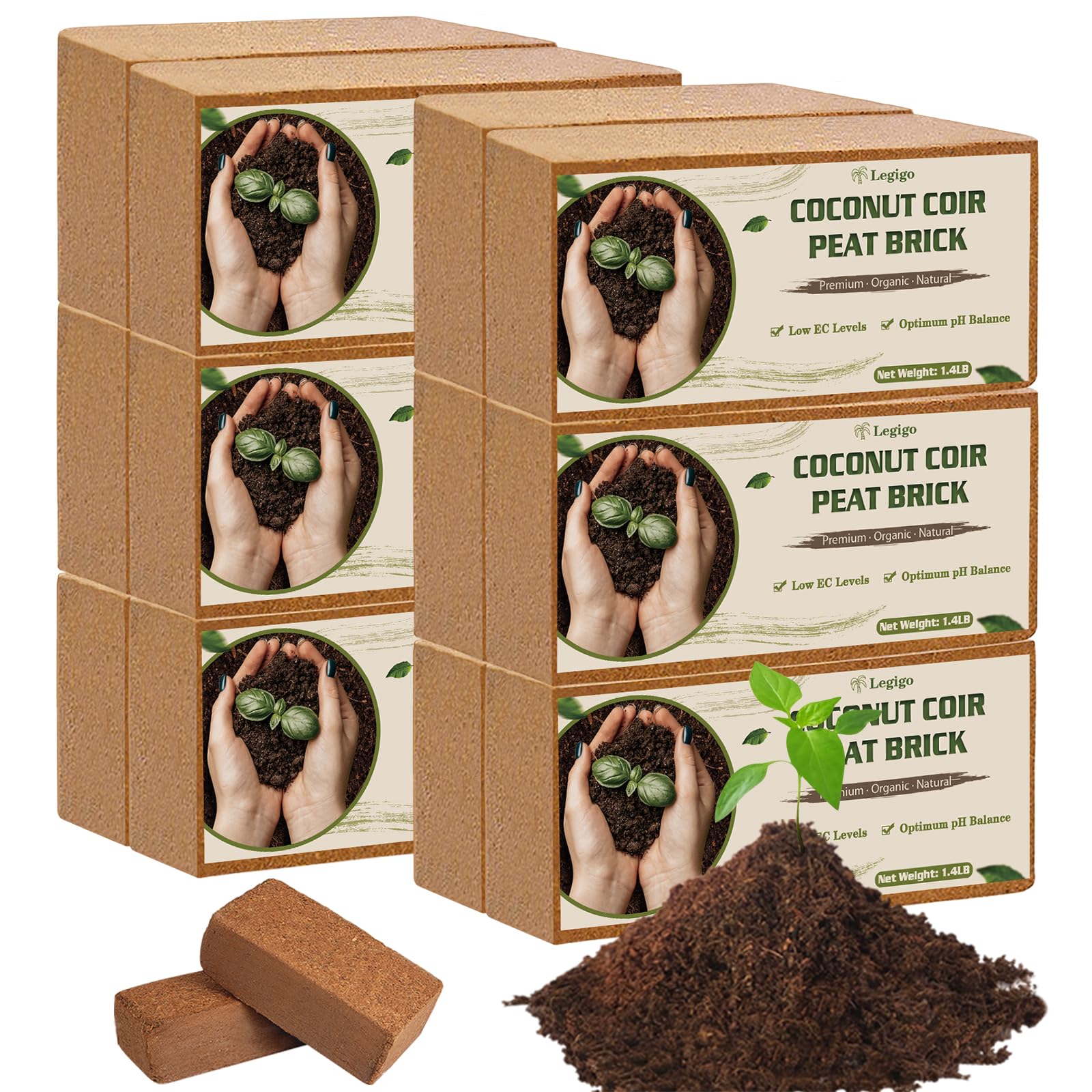 Legigo front packaging showing 12 coco coir bricks and convenient storage benefit