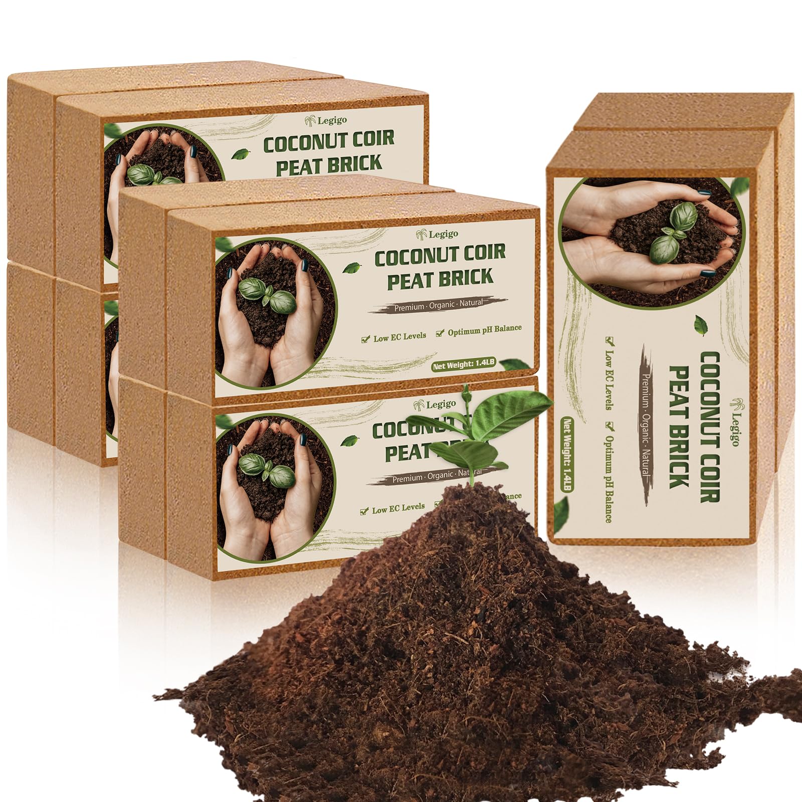 Legigo front packaging showing ten coco coir bricks and sustainable labeling benefits