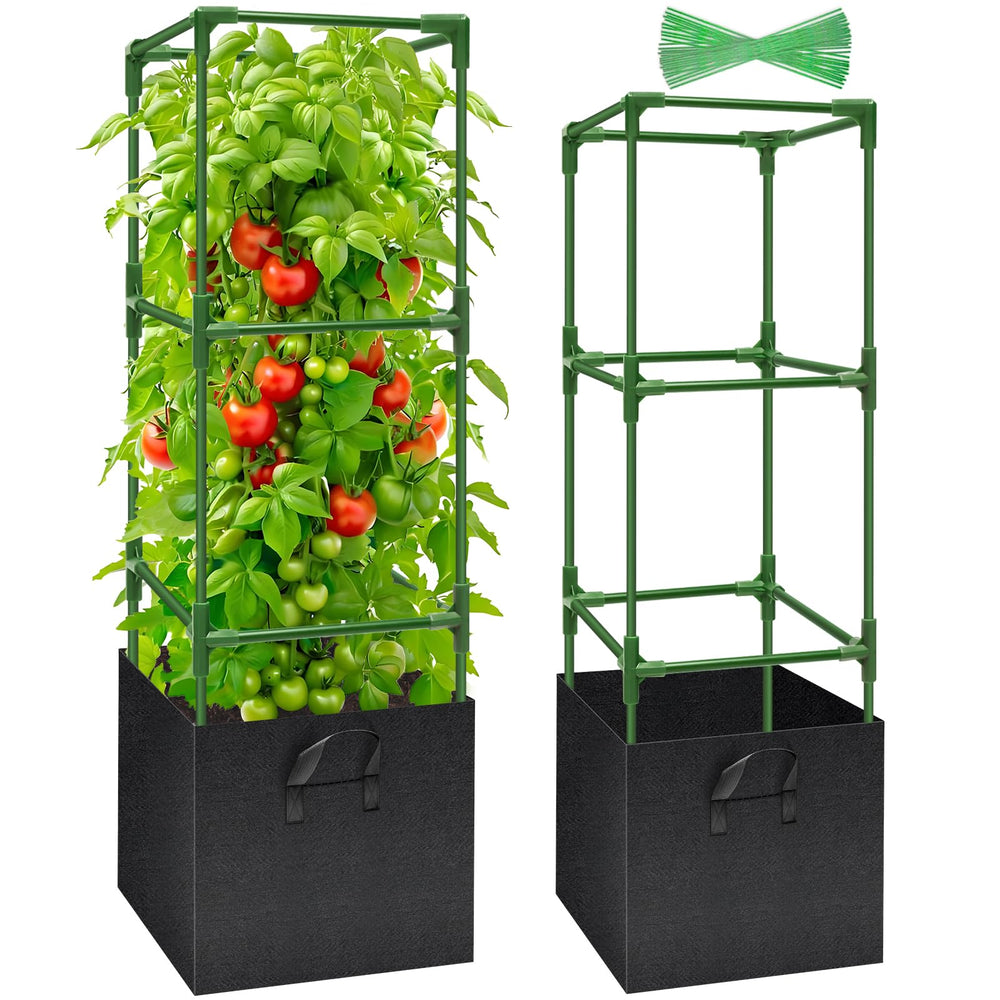 Legigo front view showing two 47 inch square cages and two 17 gallon grow bags for sturdy plant support