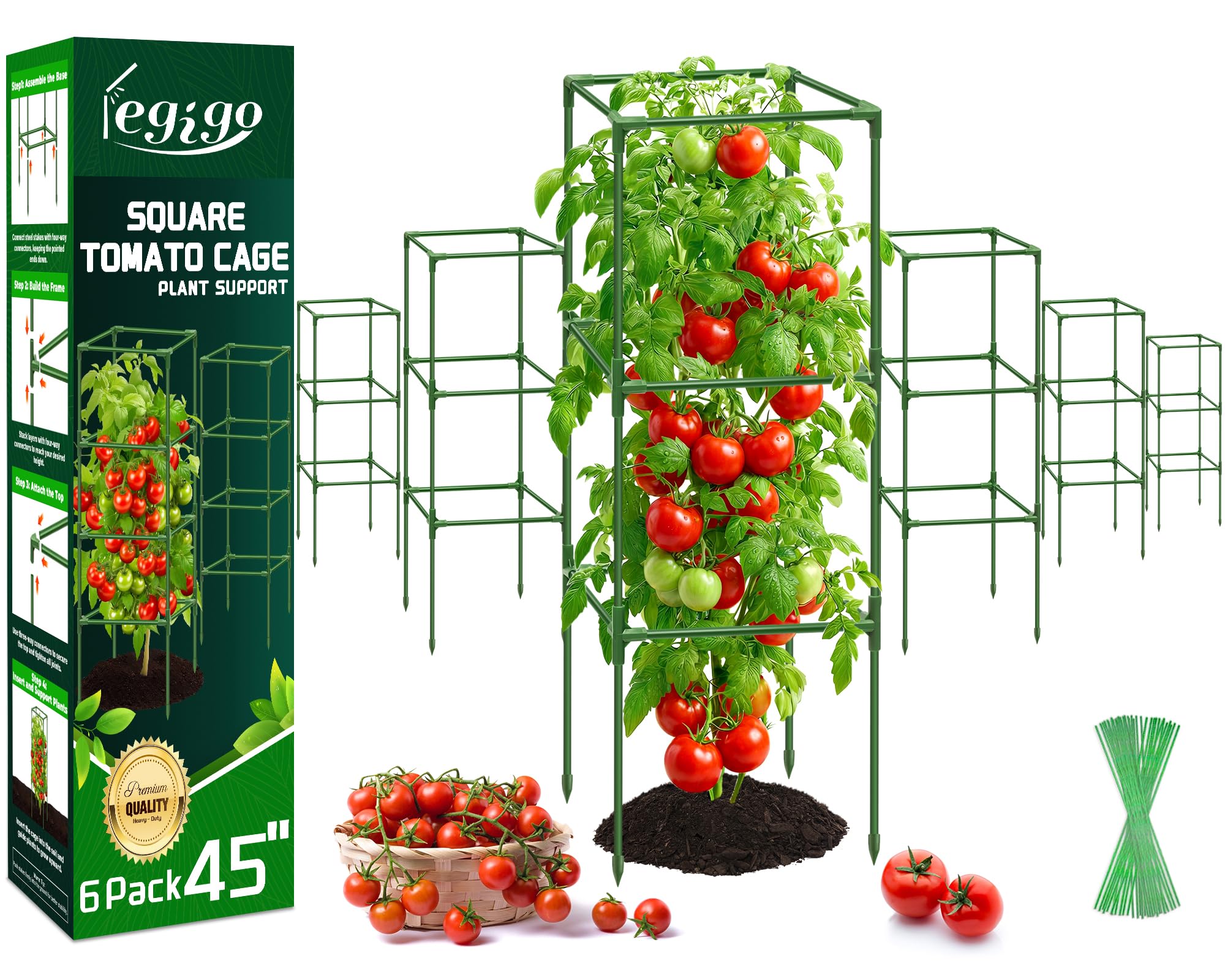 Legigo front view of six assembled tomato cages showing stability and value