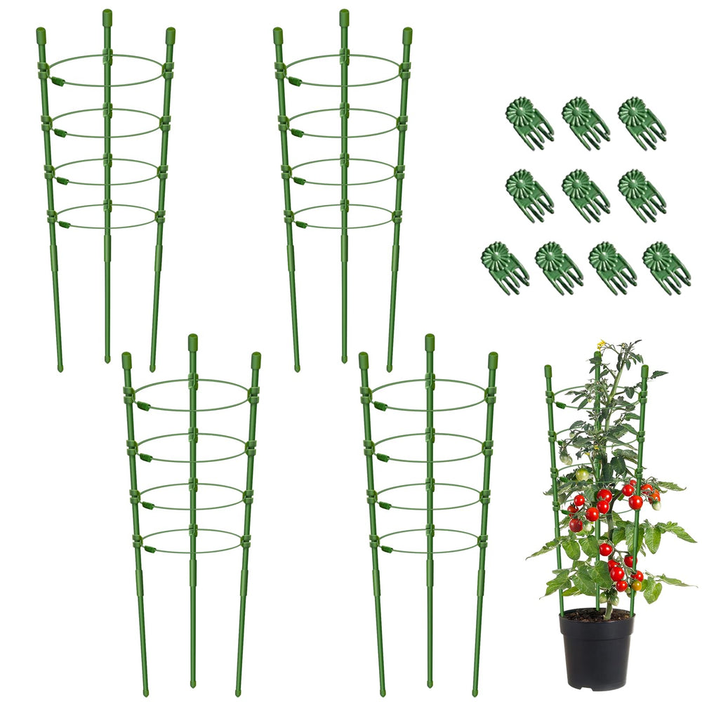 Legigo front view of four 30-inch plant cages showing full set and clips for tidy garden support