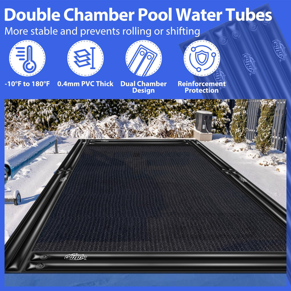 Legigo lifestyle backyard scene showing tubes securing a winter pool cover