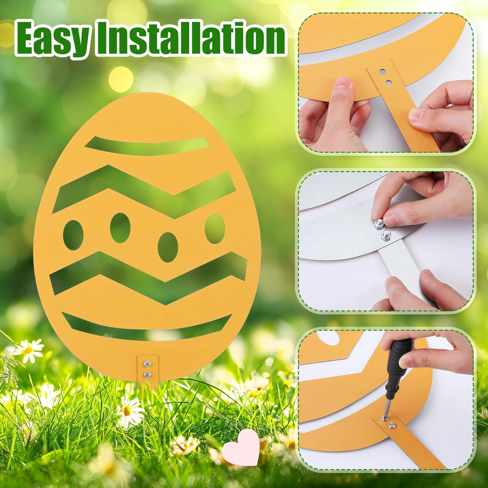 LEIFIDE egg signs placed in garden bed adding seasonal color
