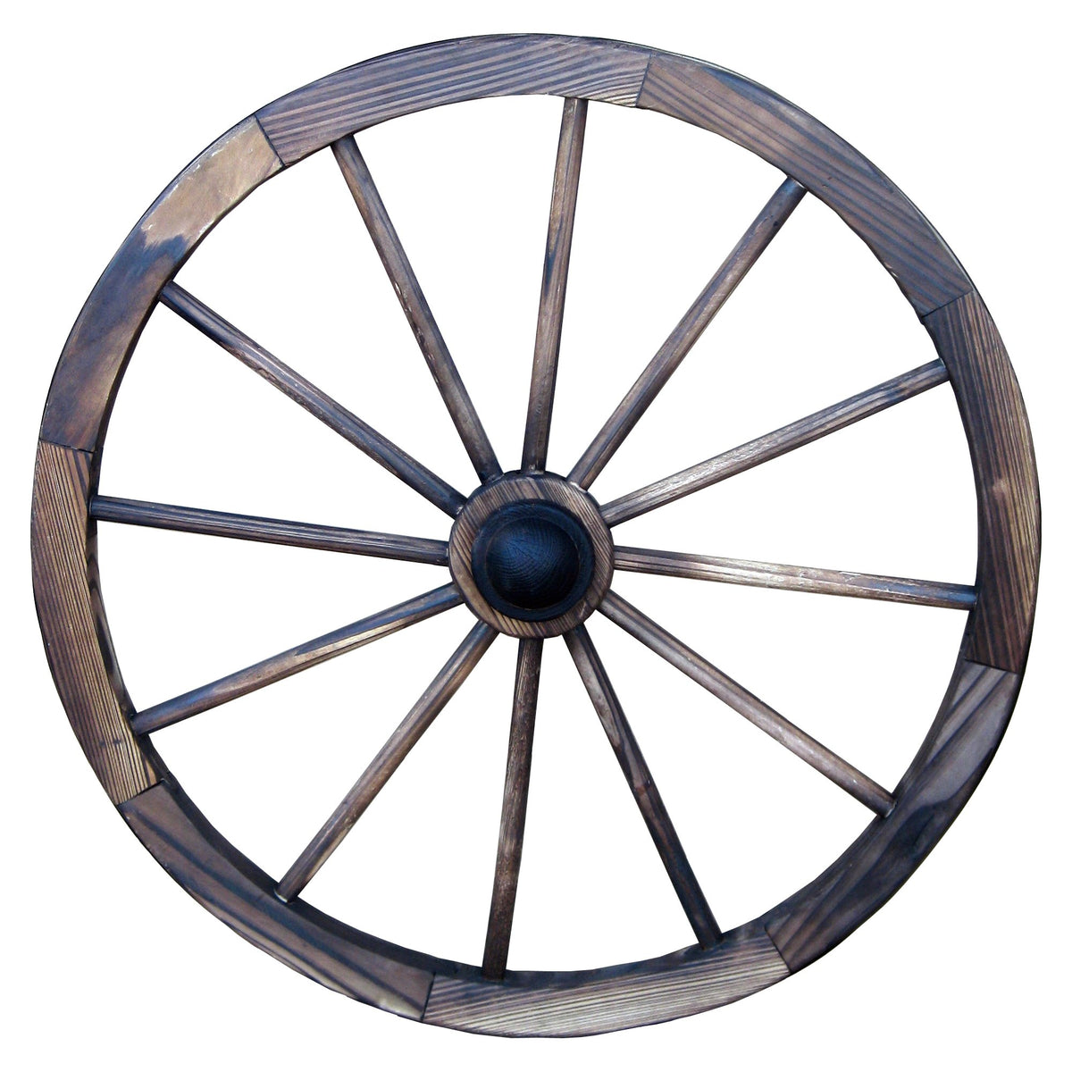Leigh Country 24-inch wagon wheel front view showing rustic shape and walnut finish, adds farmhouse charm