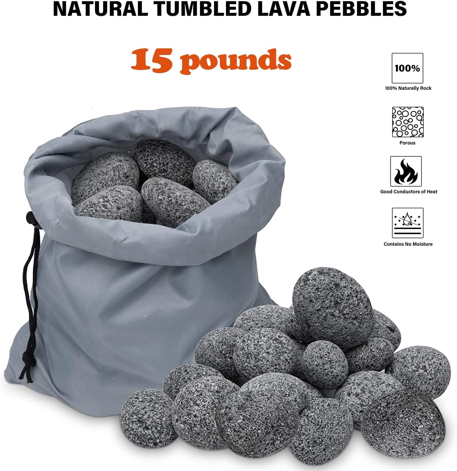LEIMO KPARTS lava rocks next to a hand for scale showing 2–3 inch size benefit