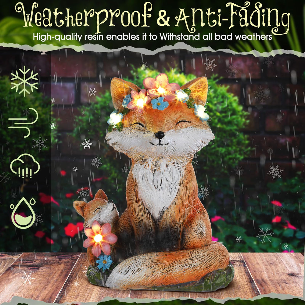 Leinuosen fox statue placed in garden setting creating welcoming decor and soft lighting