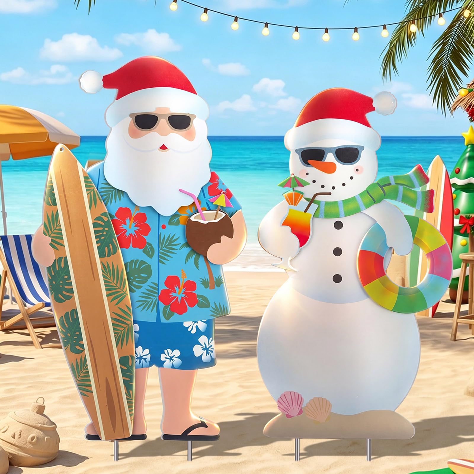 Leinuosen front-facing Hawaiian Santa and Snowman yard signs boosting curb appeal