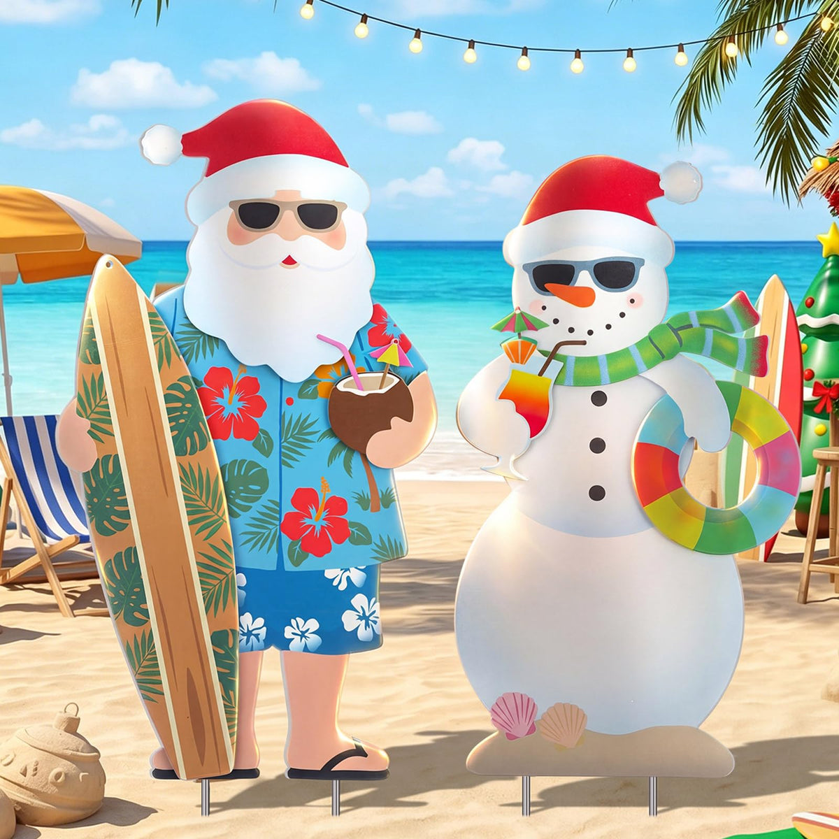 Leinuosen front-facing Hawaiian Santa and Snowman yard signs boosting curb appeal