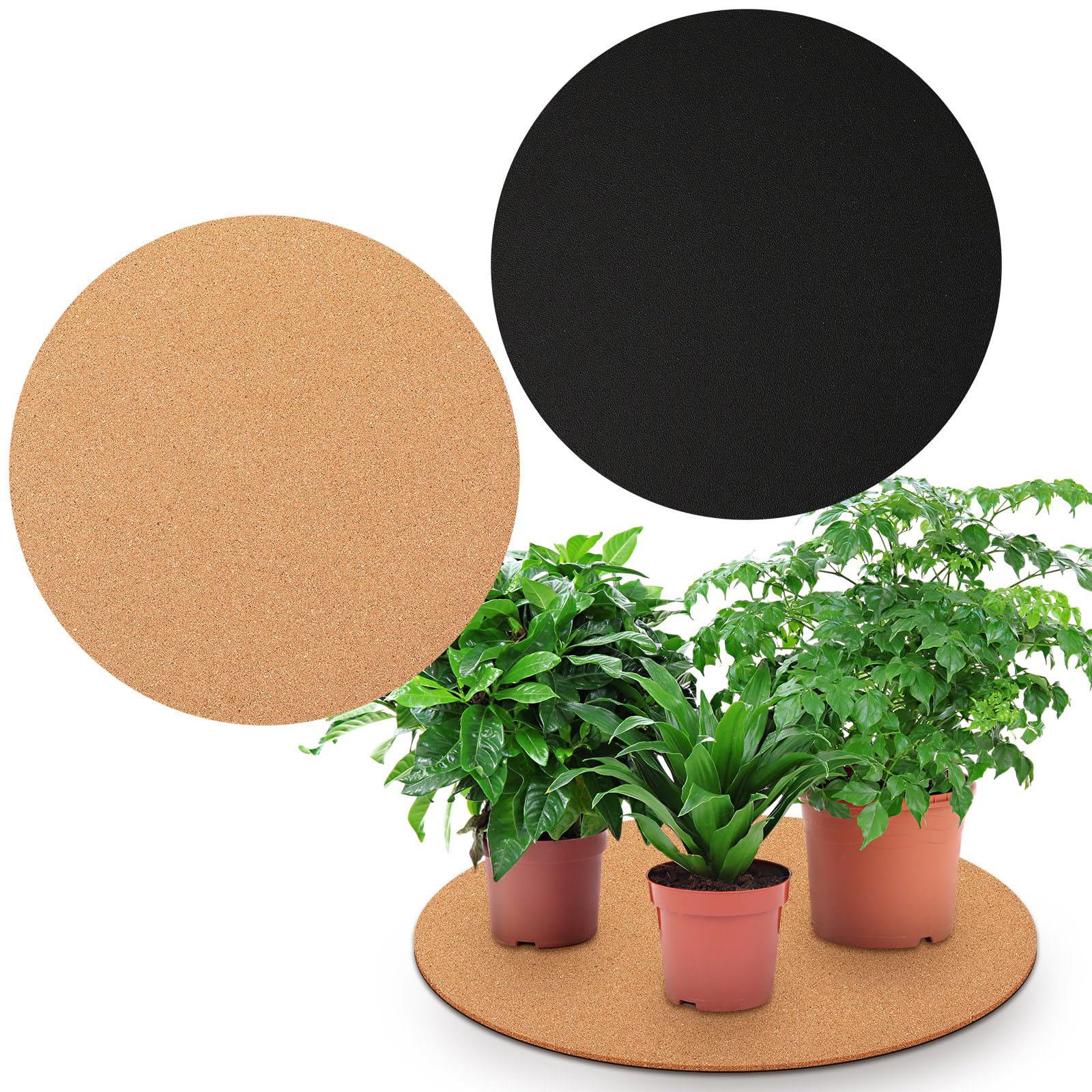 Leinuosen front view of two cork mats showing full round coverage and neat packaging benefit