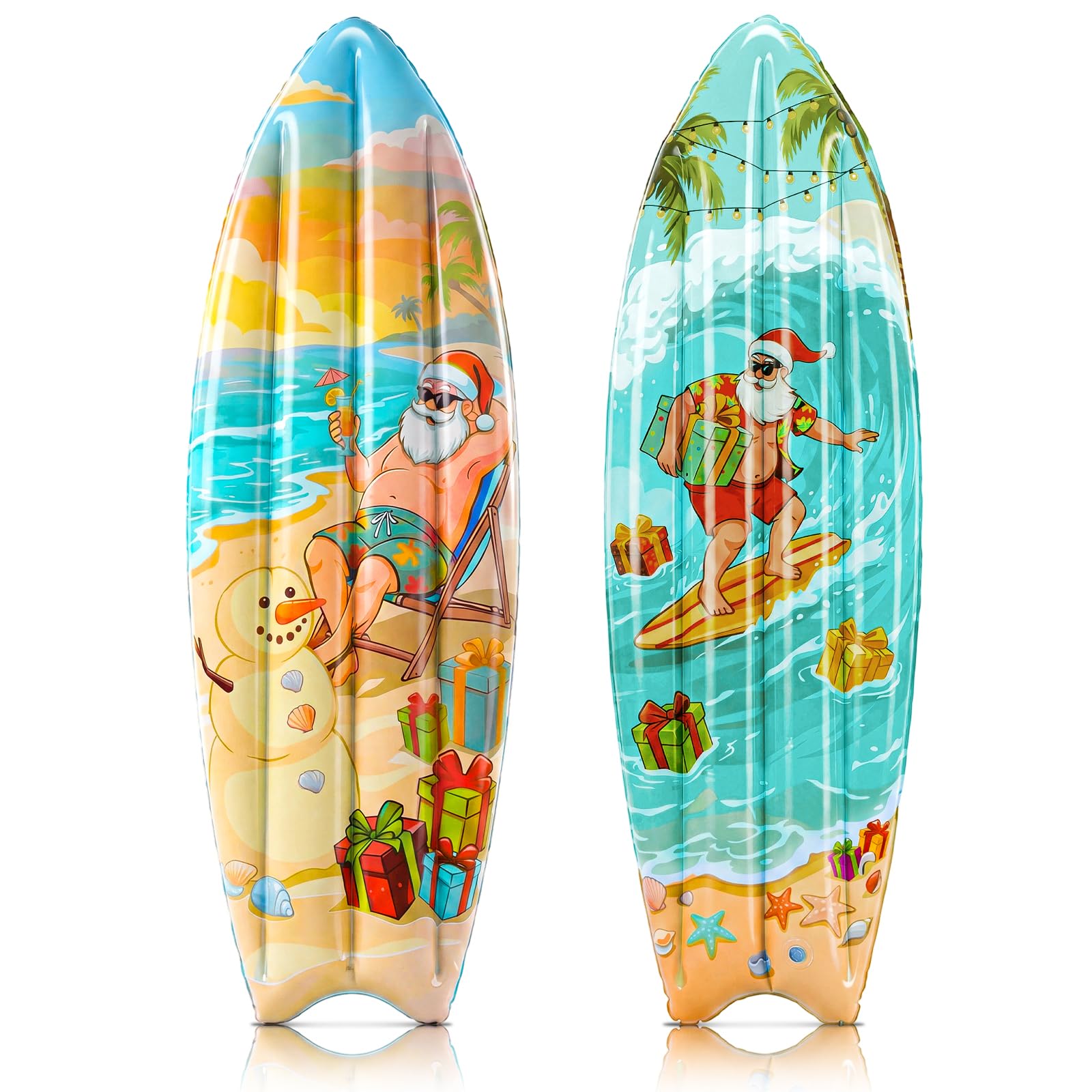 Leinuosen front view of both inflatable surfboards showing colorful designs and easy party benefit