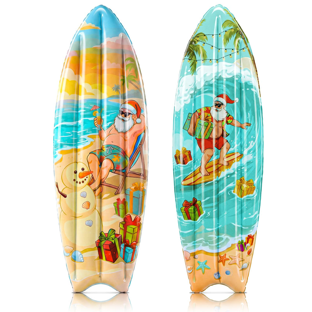 Leinuosen front view of both inflatable surfboards showing colorful designs and easy party benefit